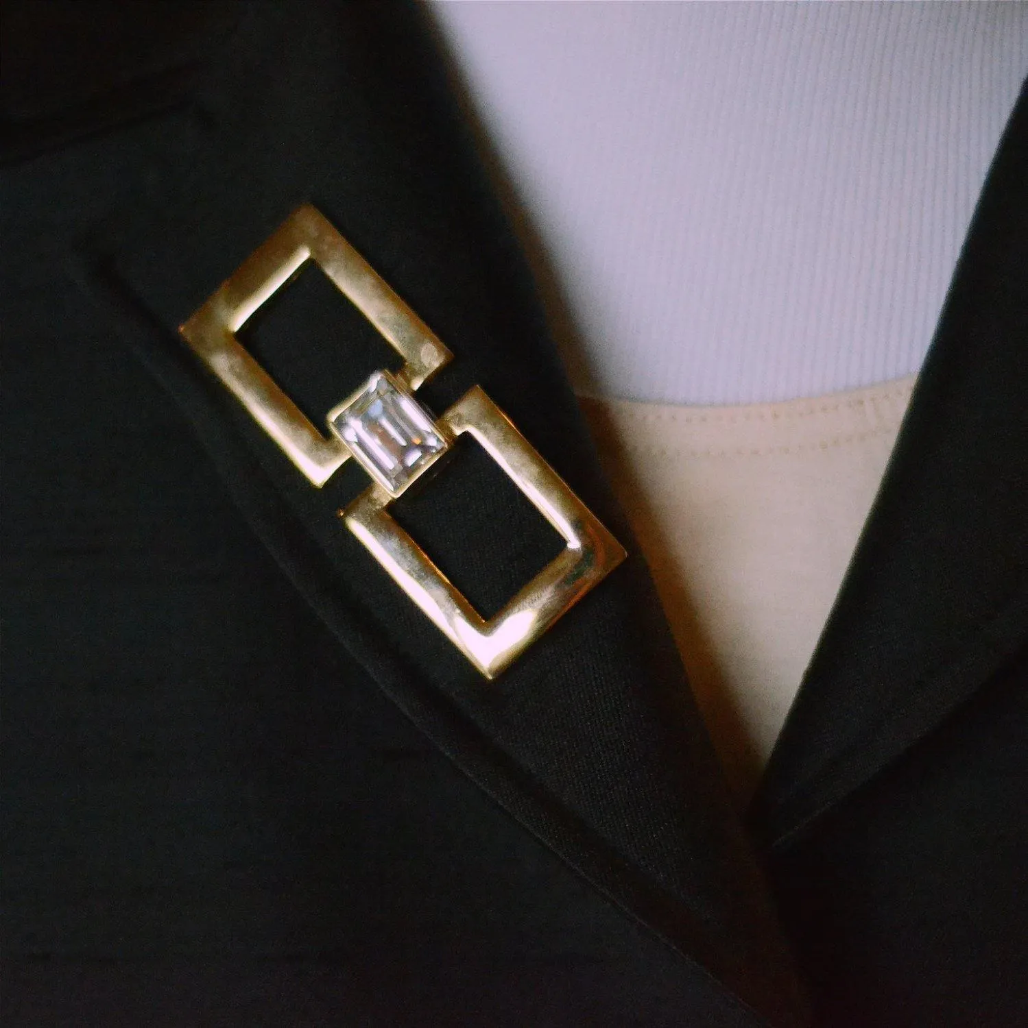 Art Deco Inspired Gold and Rhinestone Brooch, Geometric, 1980s, Designer Jewelry