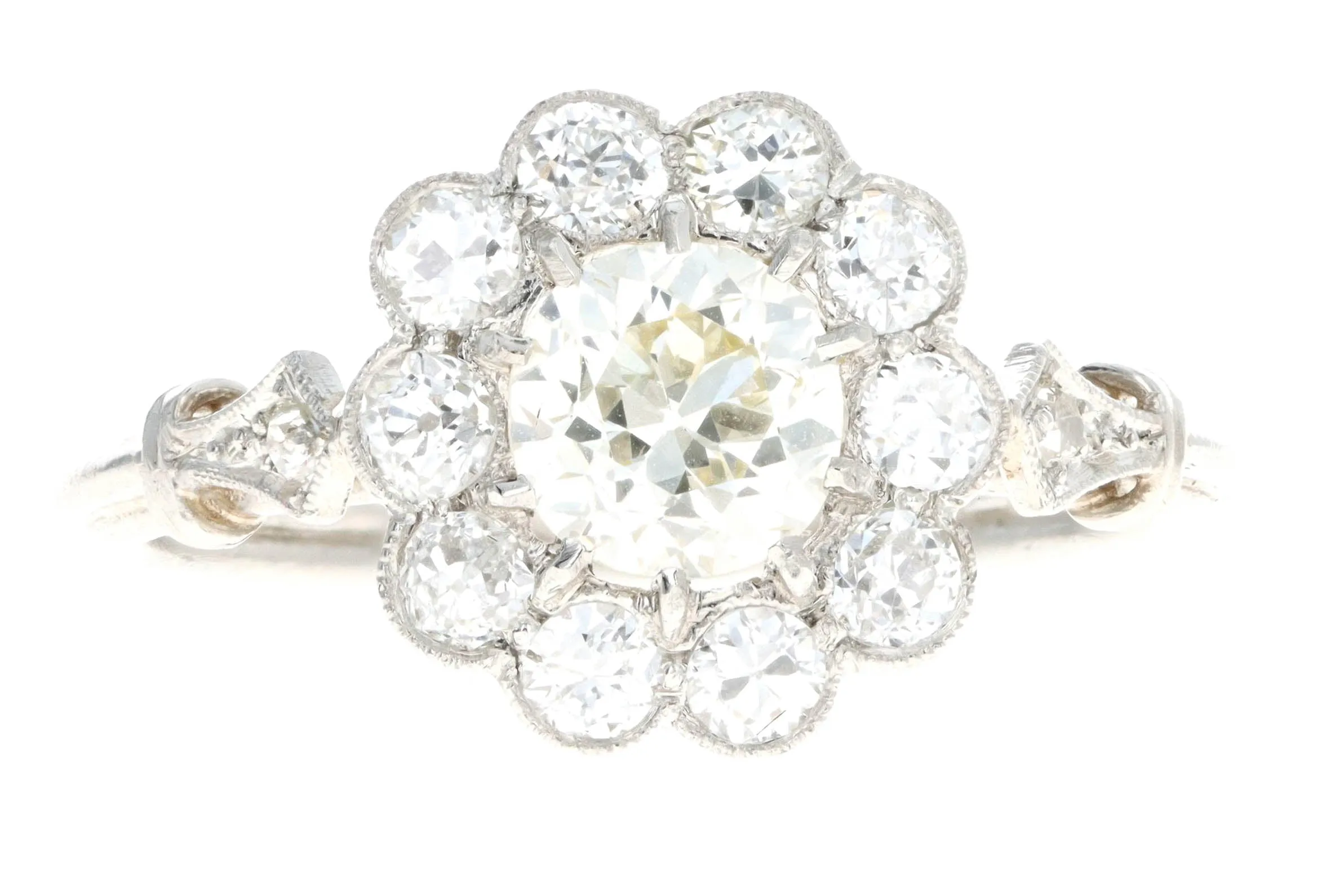 Art Deco Inspired Platinum 0.72 Carat Old European Cut Diamond Halo Cluster Engagement Ring