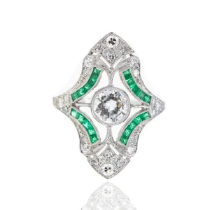 Art Deco Inspired Platinum 0.98 Carat Diamond Emerald Shield Ring