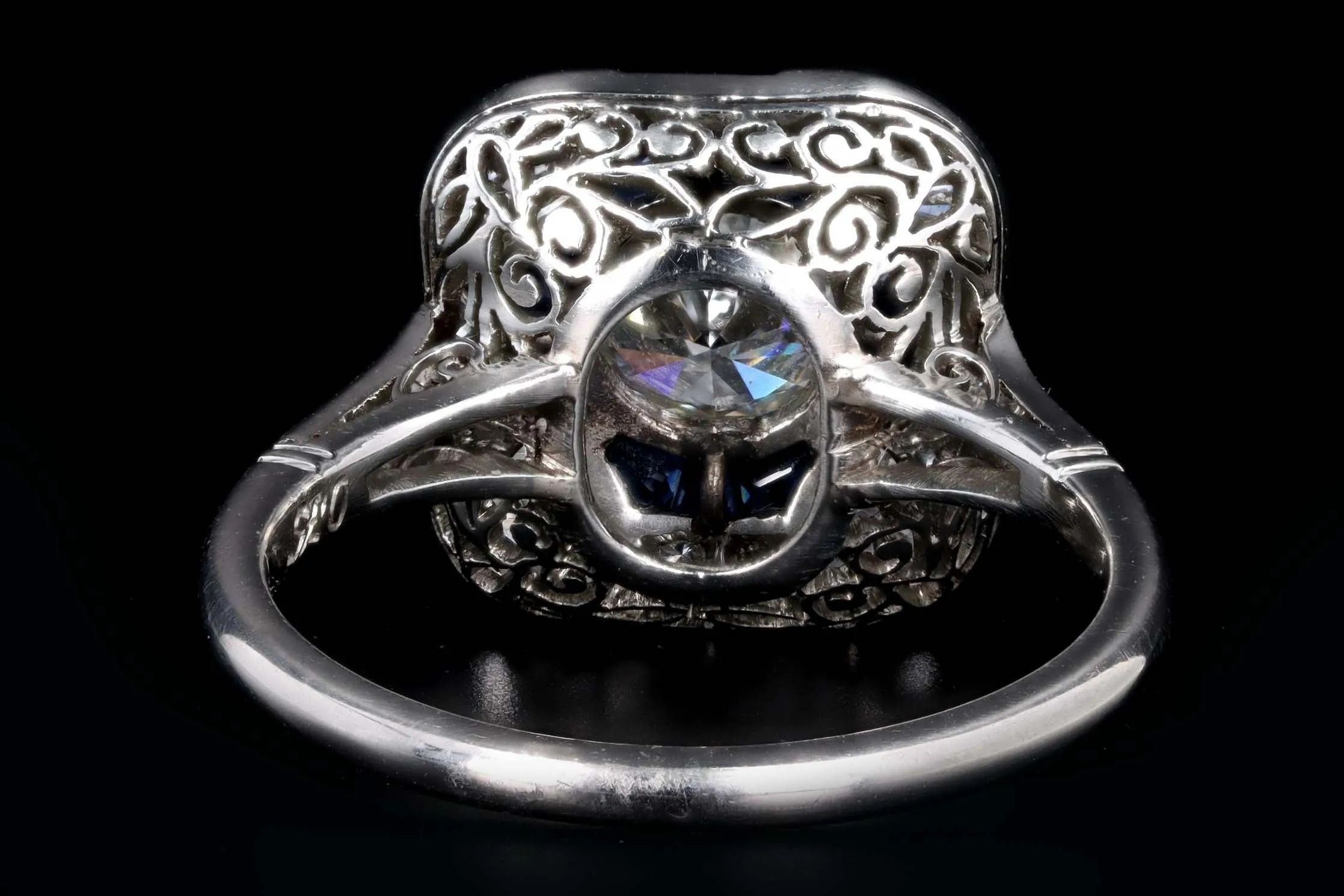 Art Deco Inspired Platinum .75 Carat Round Brilliant Cut Diamond & Natural Sapphire Ring