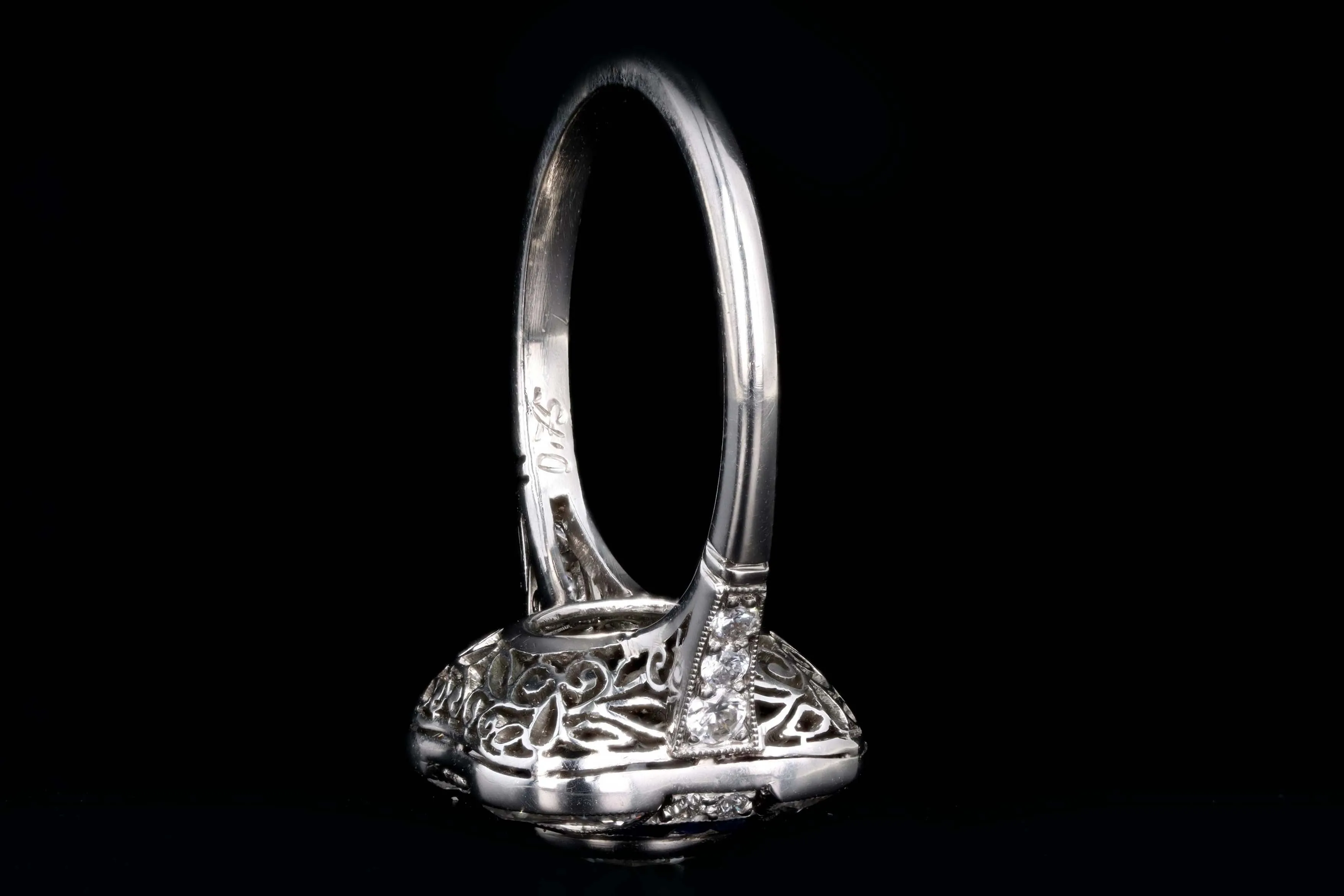 Art Deco Inspired Platinum .75 Carat Round Brilliant Cut Diamond & Natural Sapphire Ring