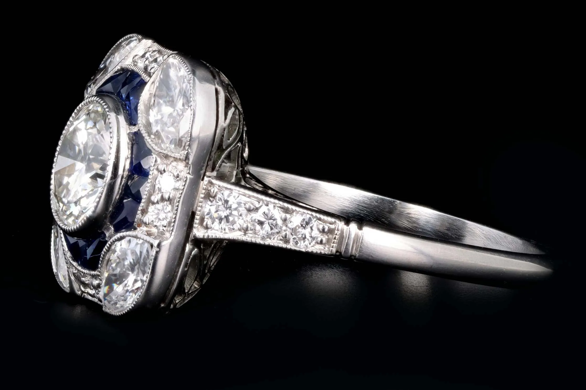 Art Deco Inspired Platinum .75 Carat Round Brilliant Cut Diamond & Natural Sapphire Ring