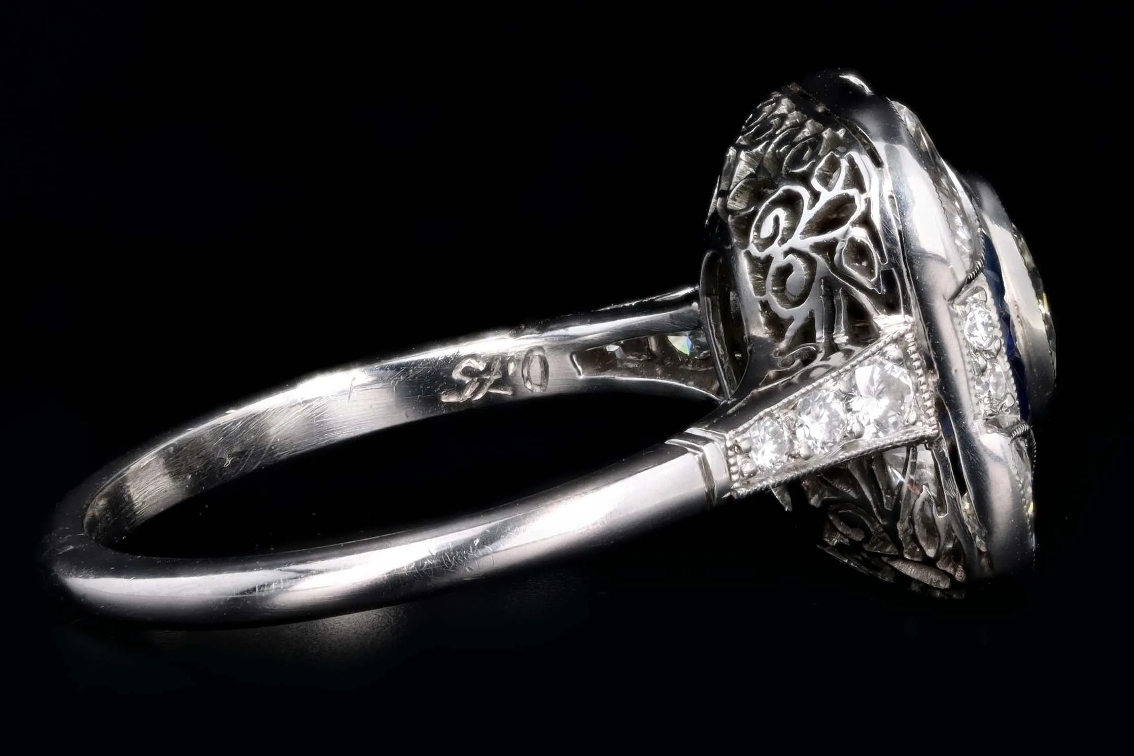 Art Deco Inspired Platinum .75 Carat Round Brilliant Cut Diamond & Natural Sapphire Ring