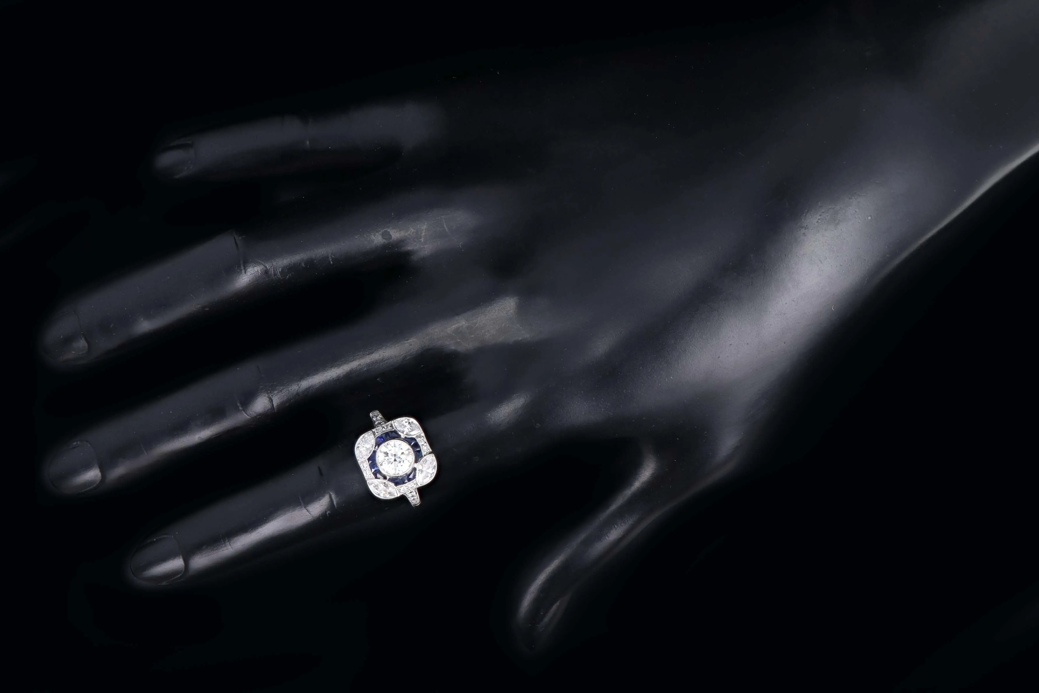 Art Deco Inspired Platinum .75 Carat Round Brilliant Cut Diamond & Natural Sapphire Ring