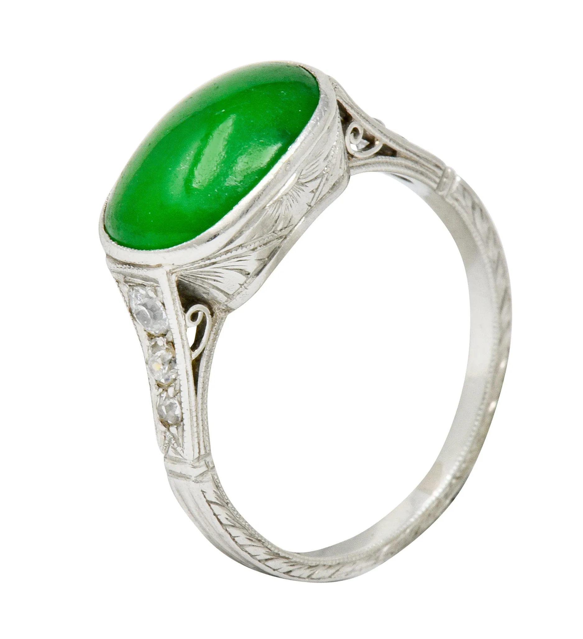 Art Deco Jadeite Jade Diamond Platinum Cabochon Ring GIA