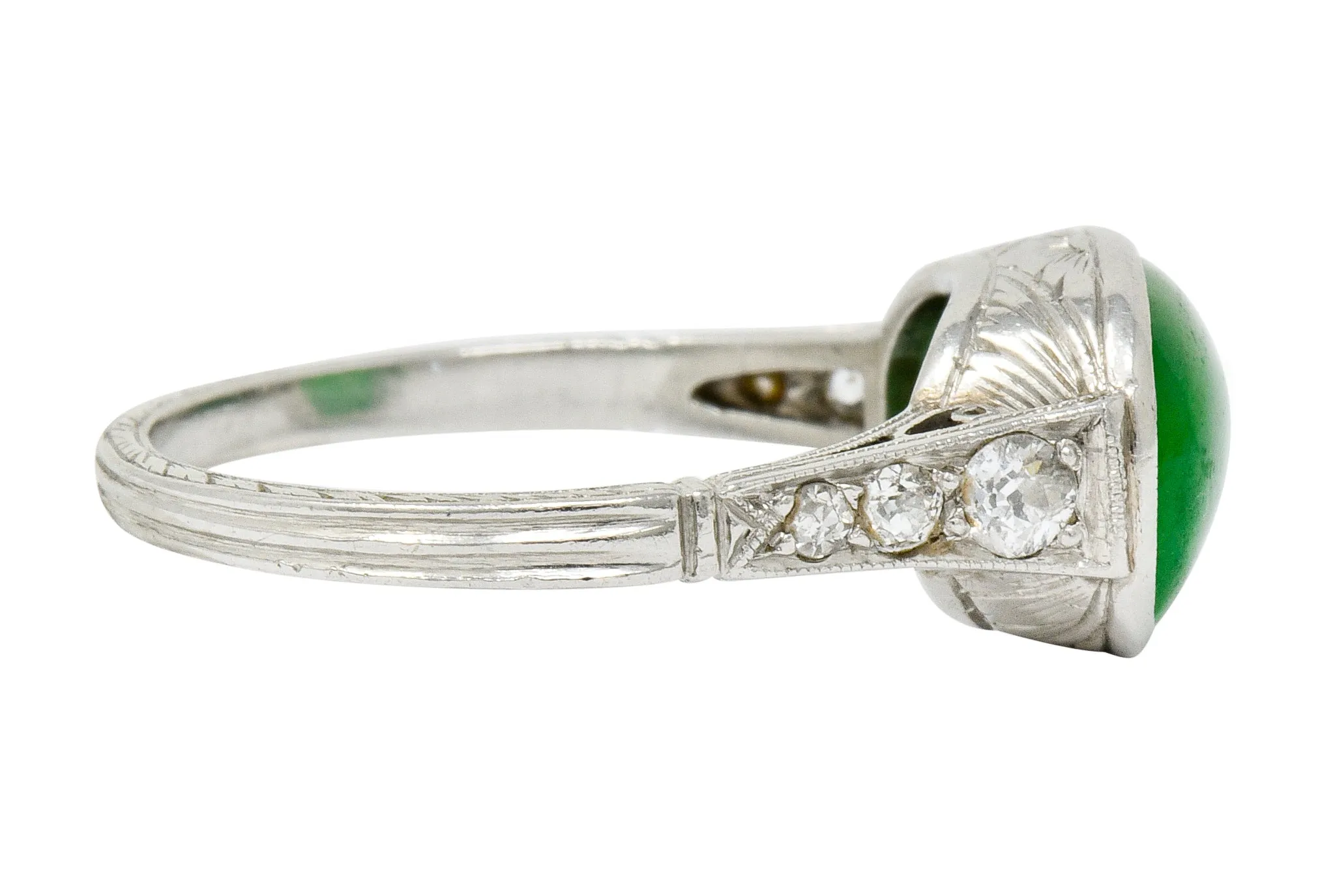 Art Deco Jadeite Jade Diamond Platinum Cabochon Ring GIA