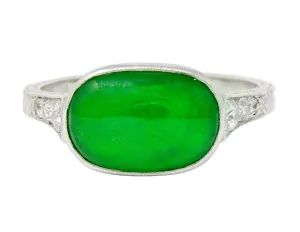 Art Deco Jadeite Jade Diamond Platinum Cabochon Ring GIA