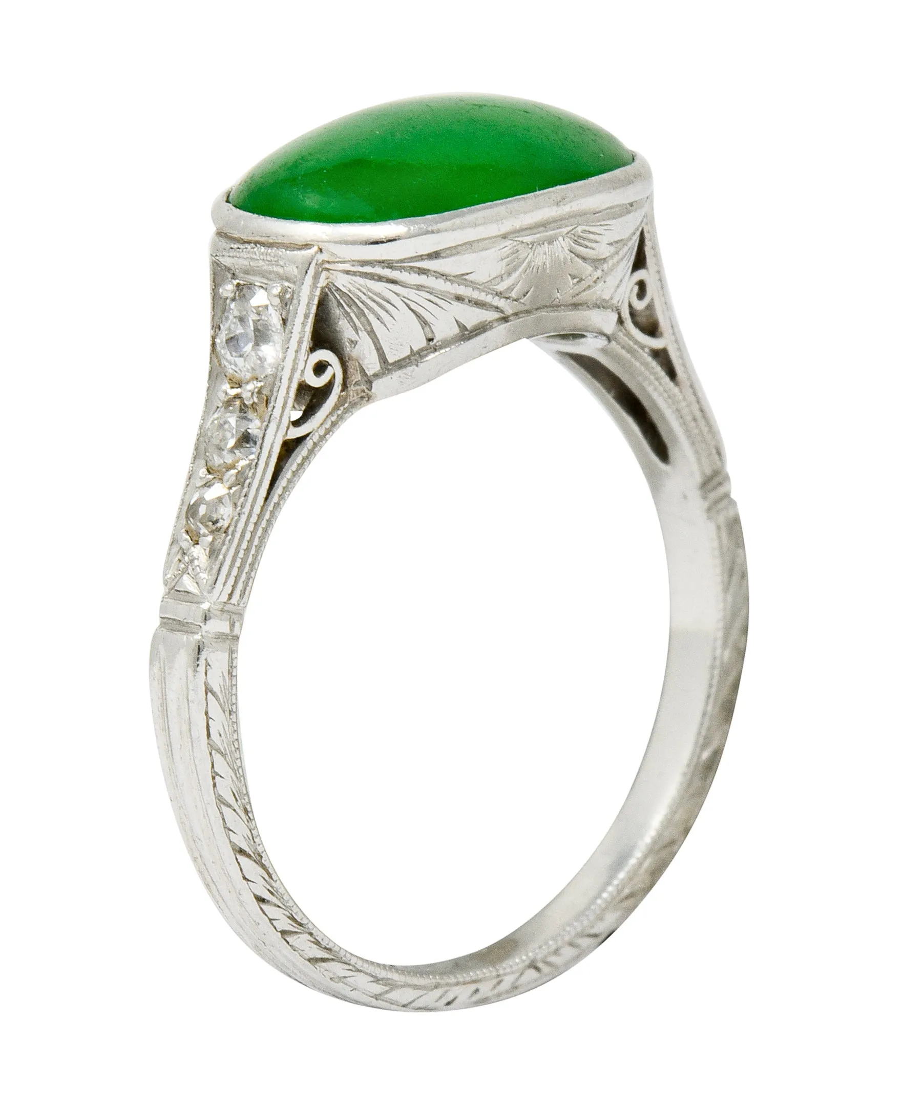 Art Deco Jadeite Jade Diamond Platinum Cabochon Ring GIA