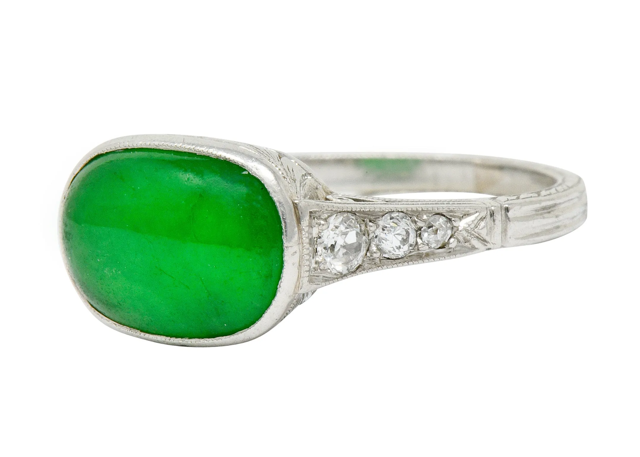 Art Deco Jadeite Jade Diamond Platinum Cabochon Ring GIA