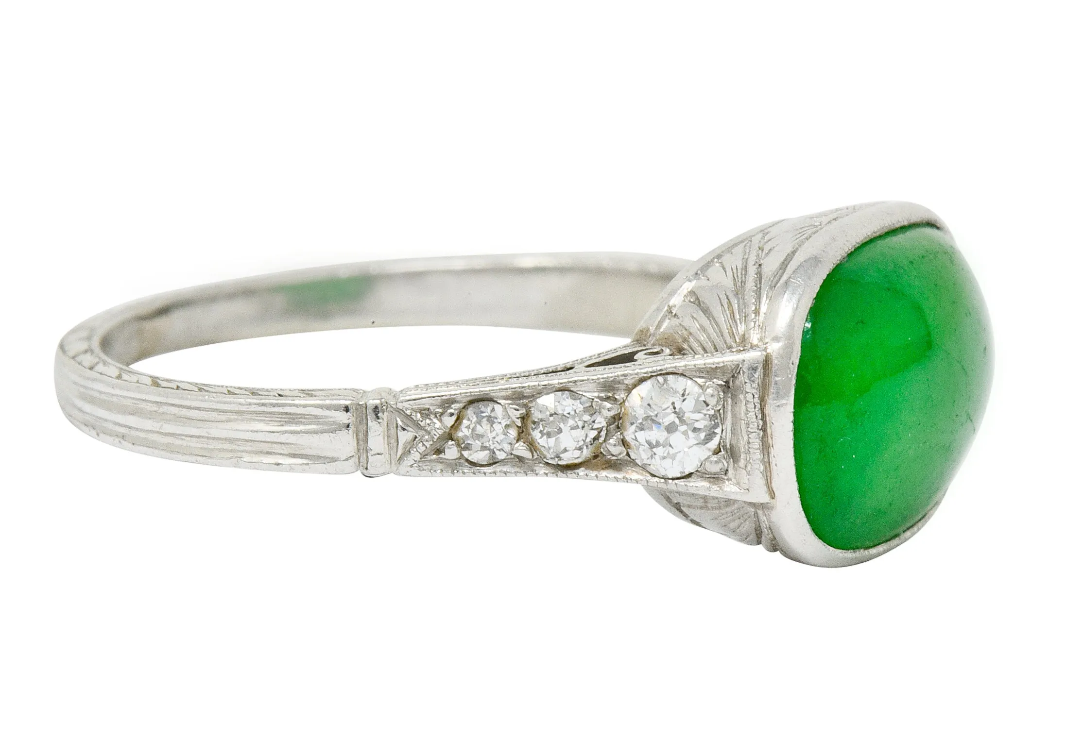 Art Deco Jadeite Jade Diamond Platinum Cabochon Ring GIA