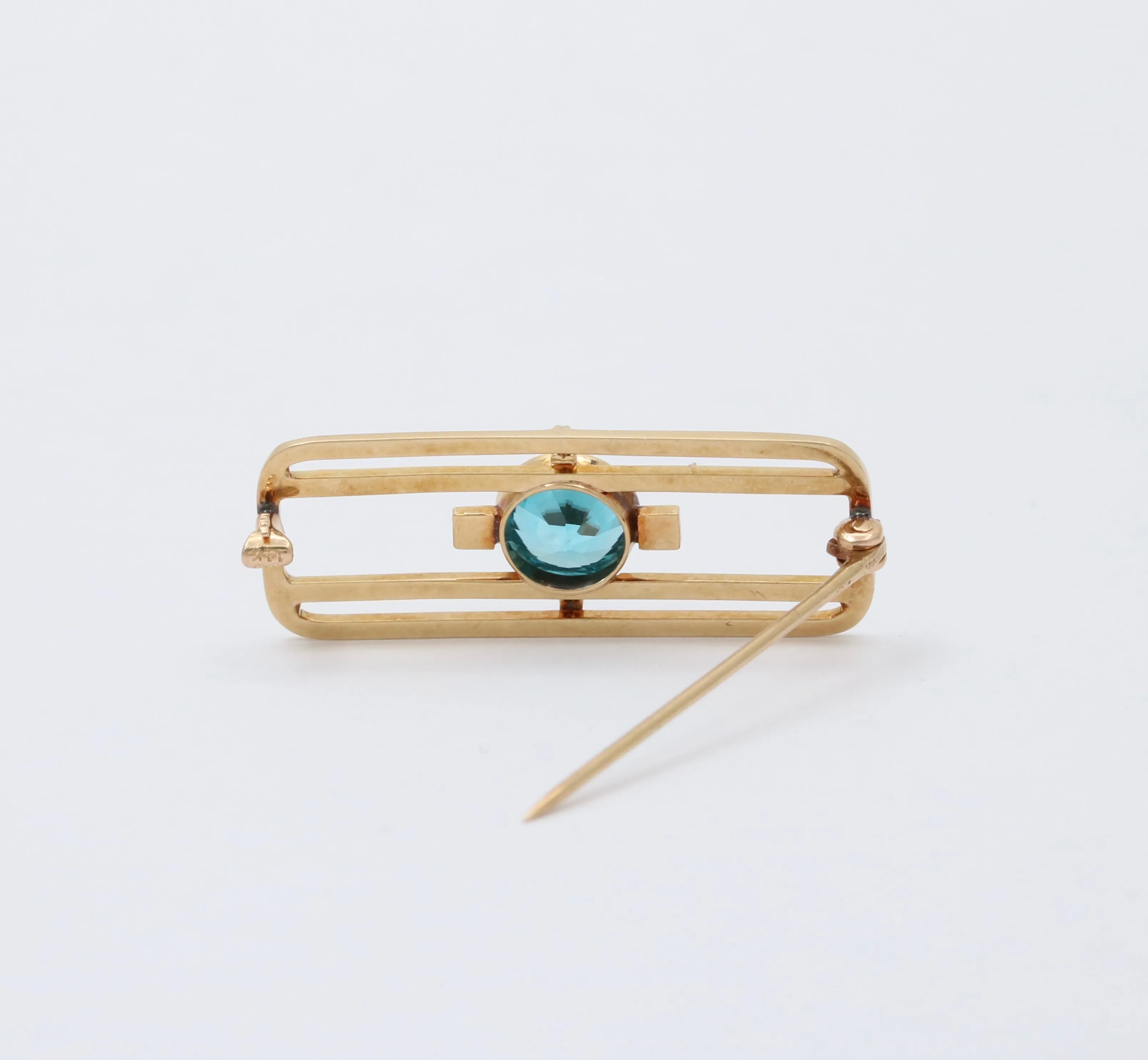 Art Deco Krementz 14K Gold and Blue Zircon Geometric Pin