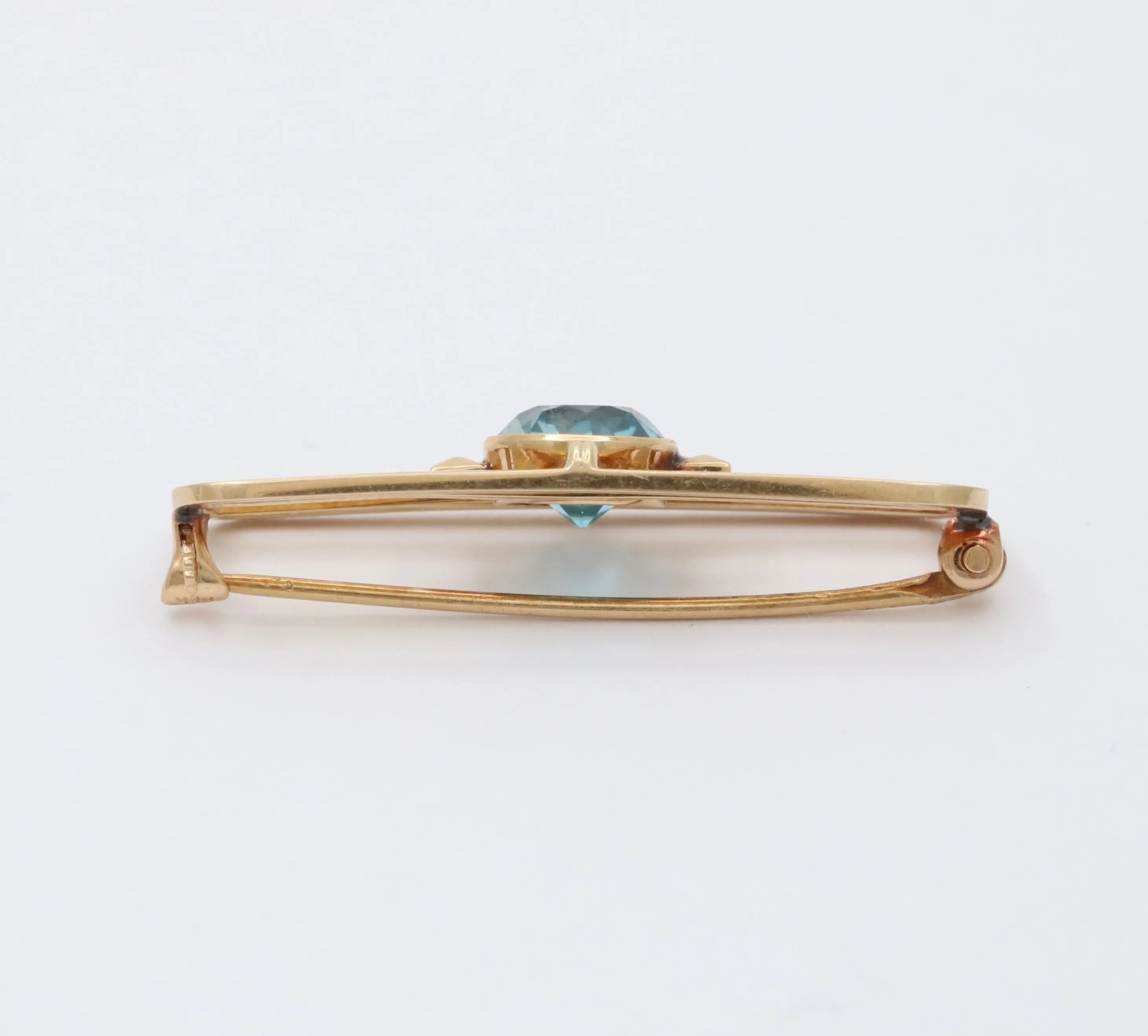 Art Deco Krementz 14K Gold and Blue Zircon Geometric Pin