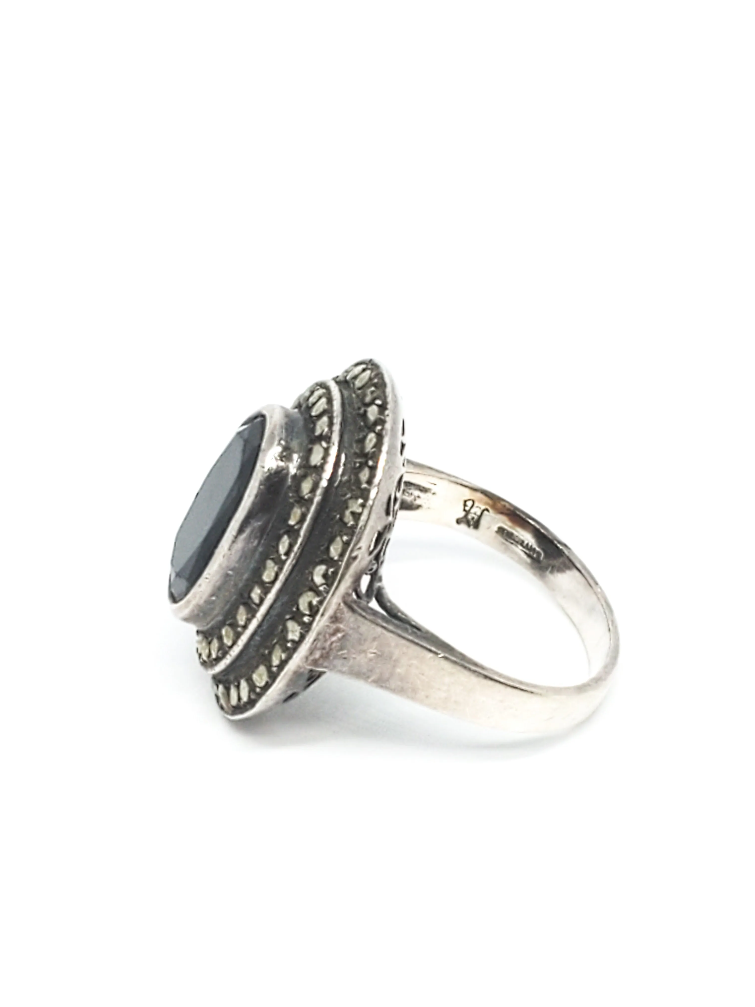 Art Deco marcasite black gemstone sterling silver ring signed W 925 size 6