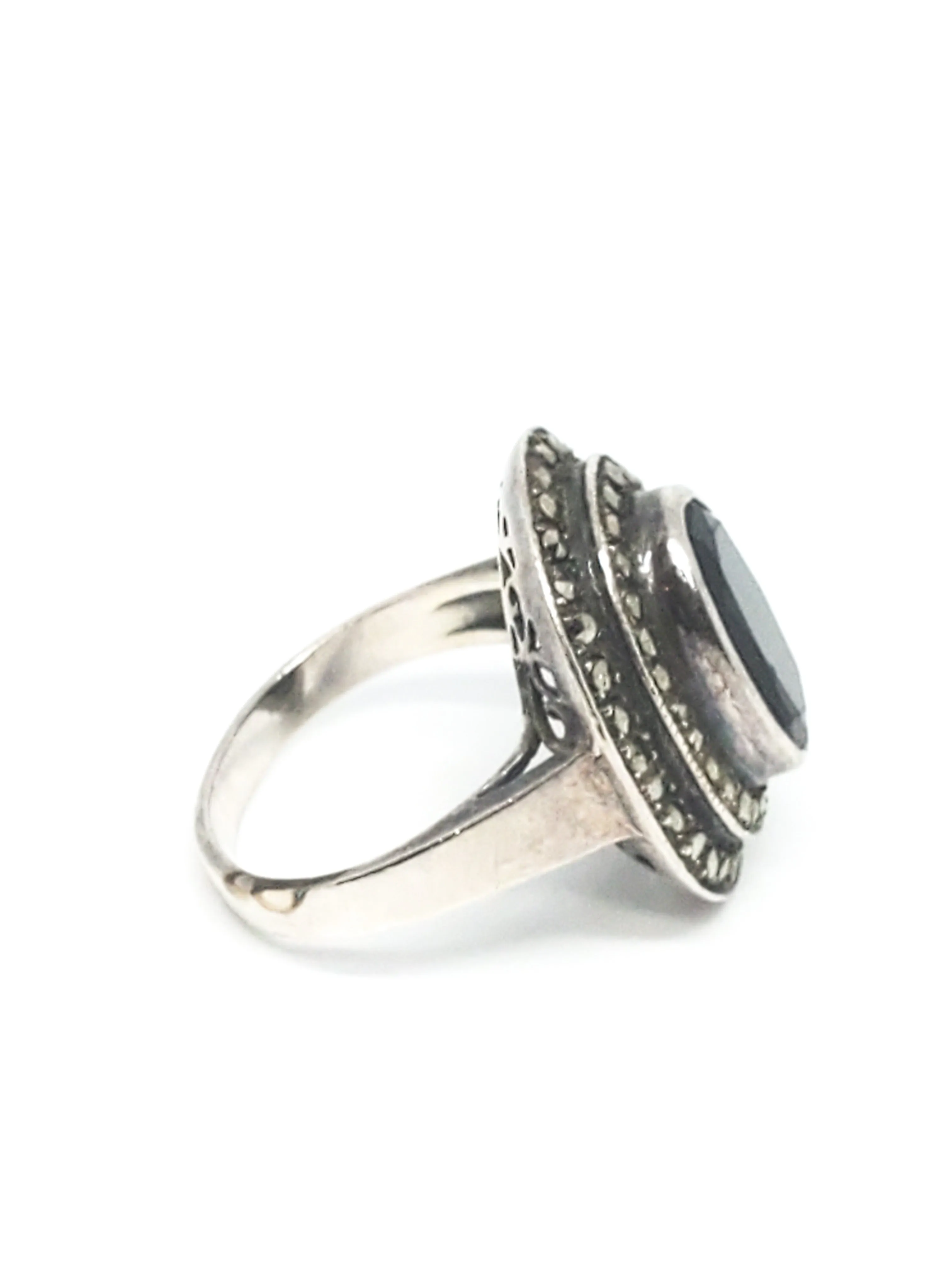 Art Deco marcasite black gemstone sterling silver ring signed W 925 size 6
