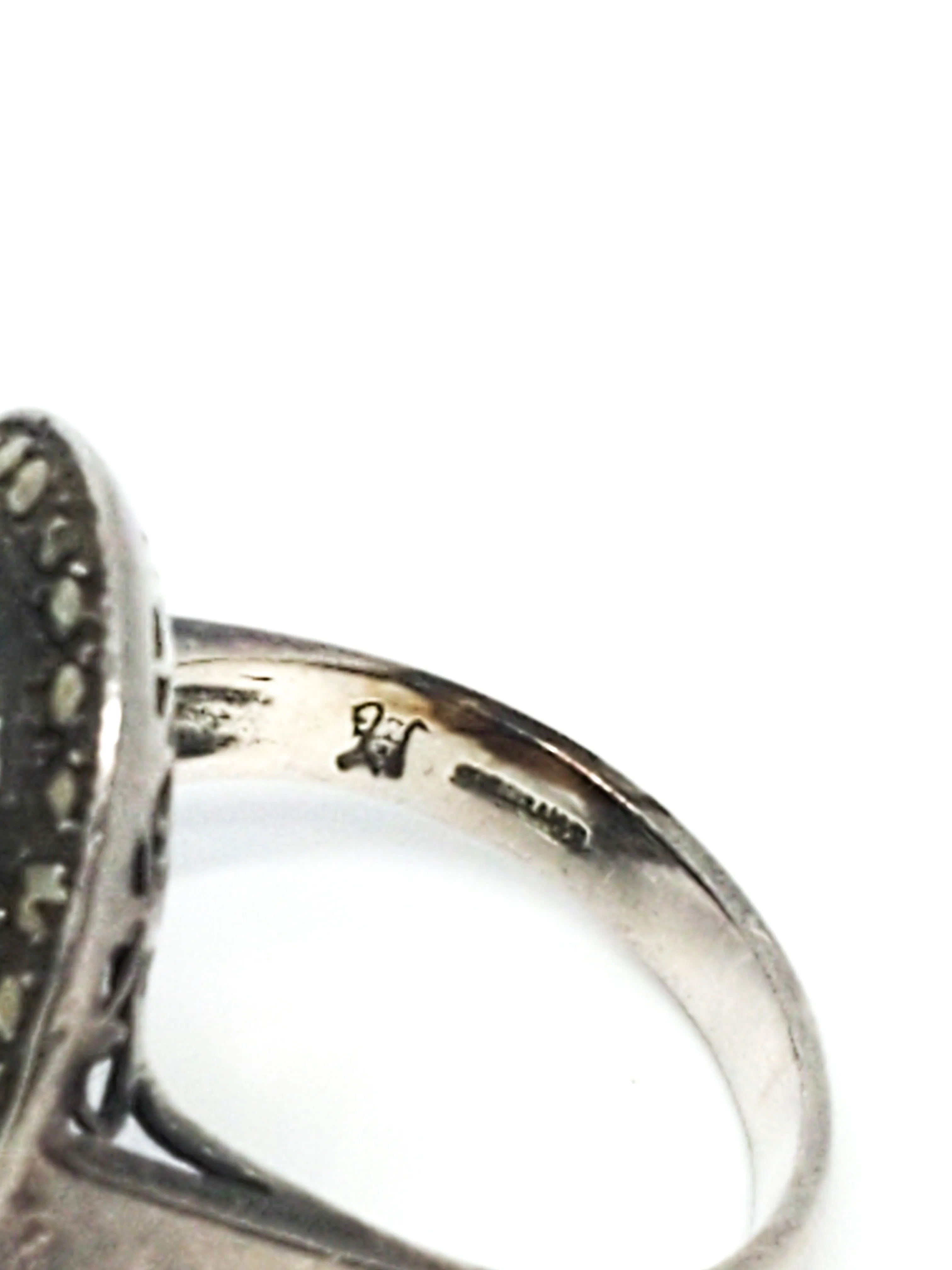 Art Deco marcasite black gemstone sterling silver ring signed W 925 size 6