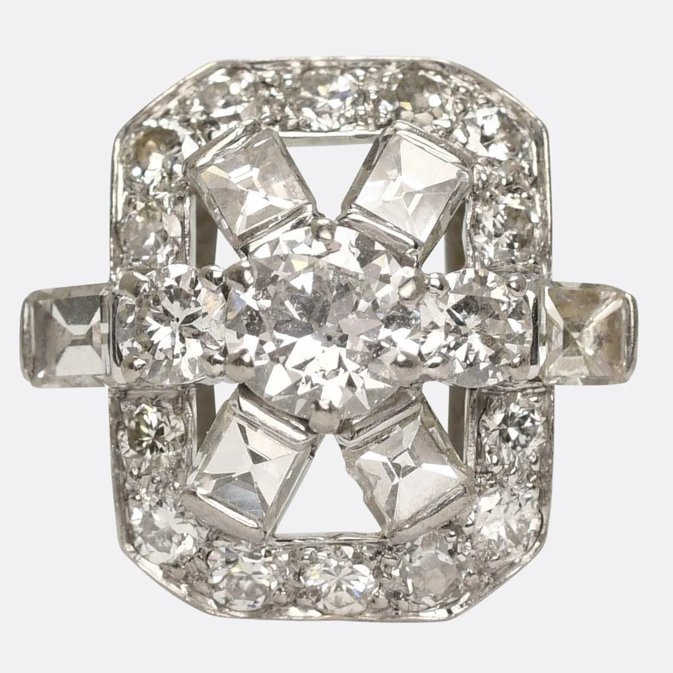 Art Deco Mixed-Cut Diamond Openwork Panel Ring