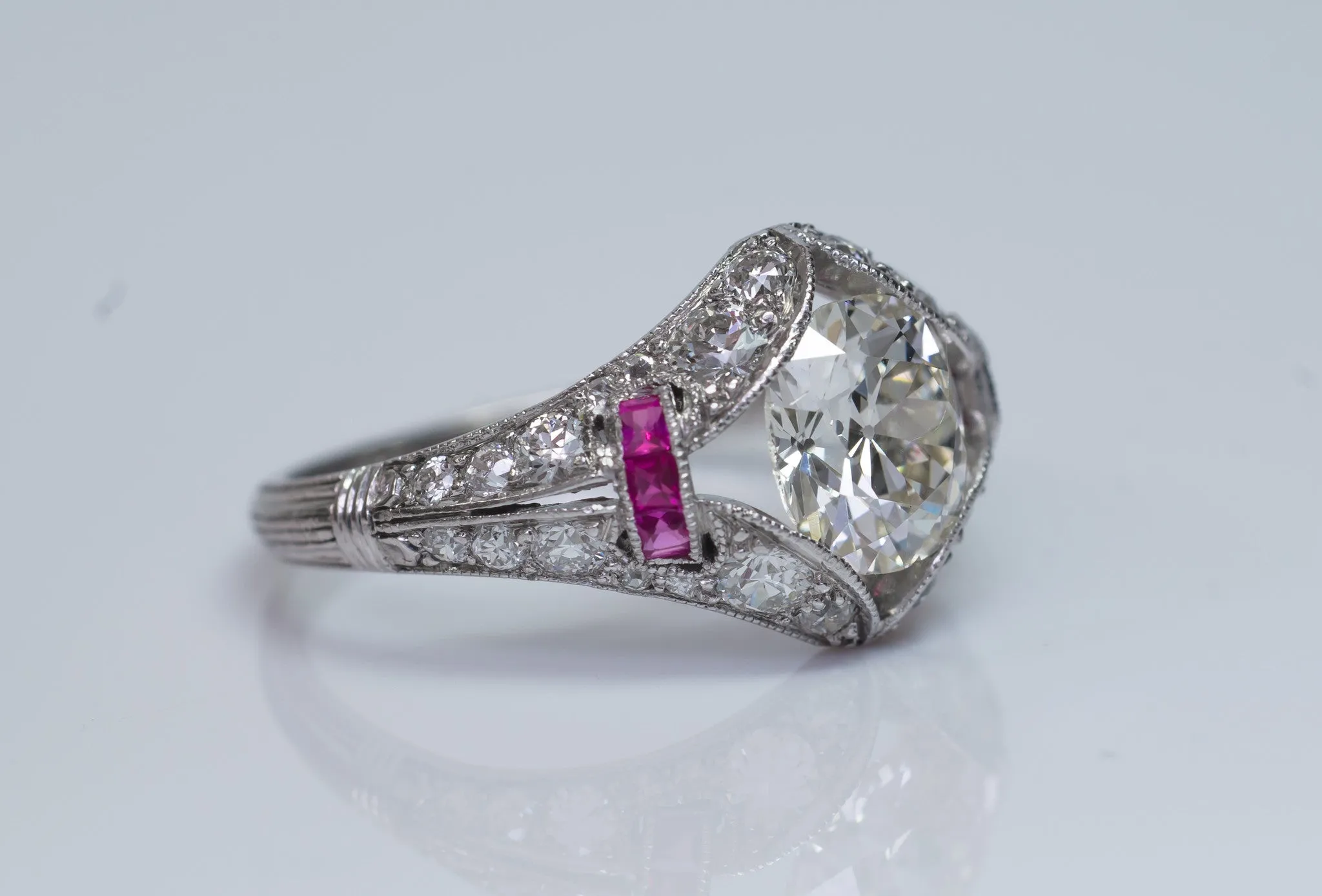 ART DECO OLD MINE CUSHION CUT DIAMOND RING IN PLATINUM