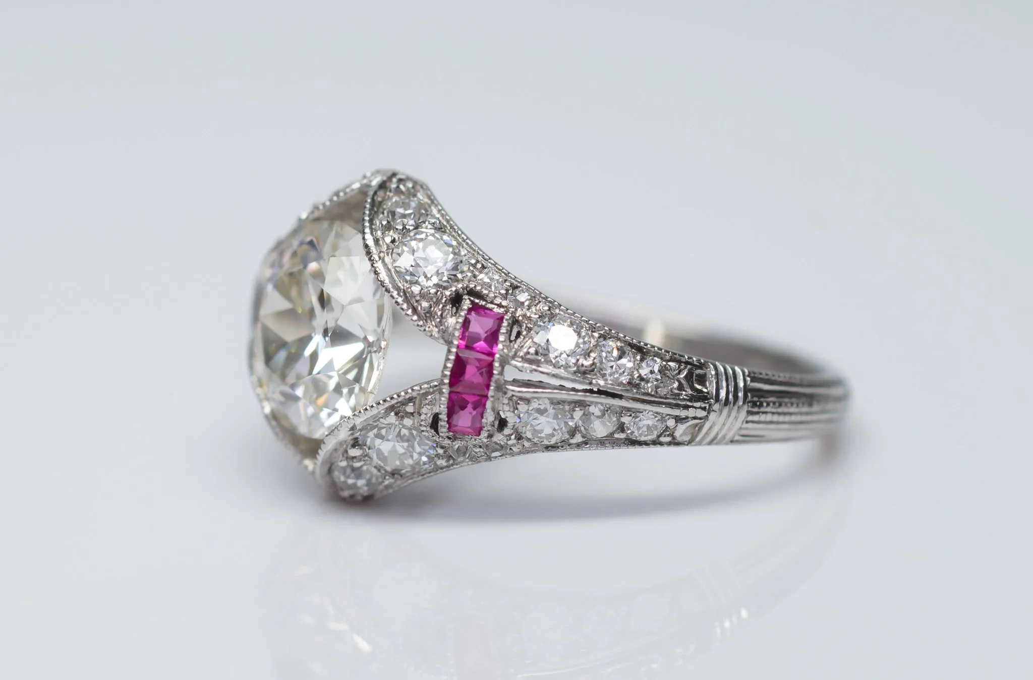 ART DECO OLD MINE CUSHION CUT DIAMOND RING IN PLATINUM