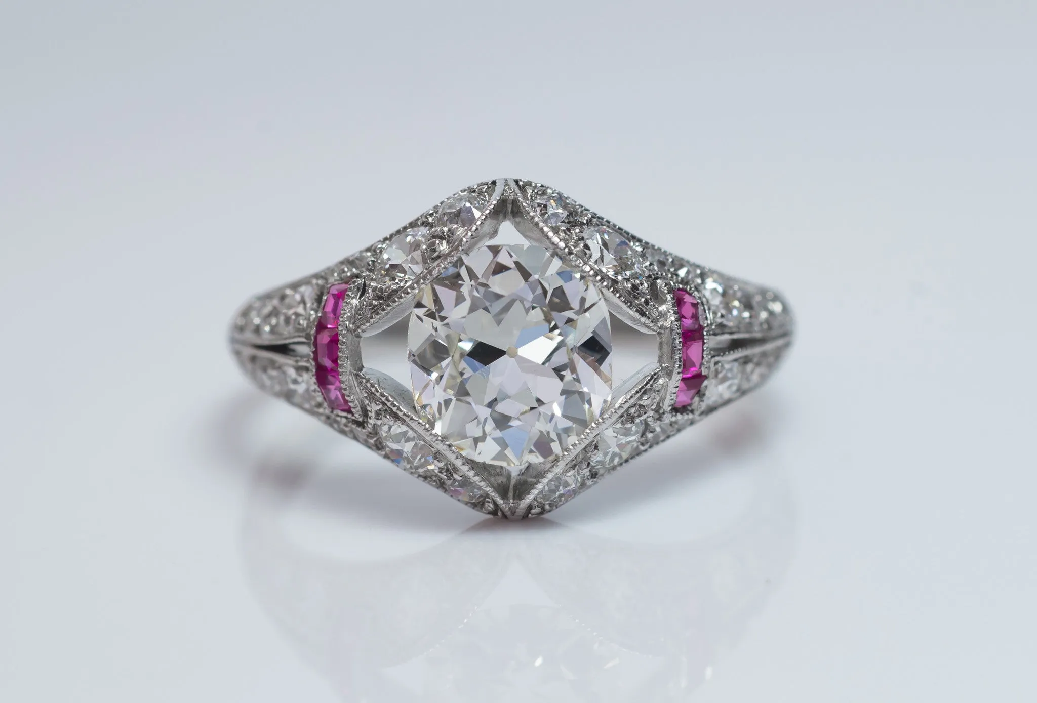 ART DECO OLD MINE CUSHION CUT DIAMOND RING IN PLATINUM