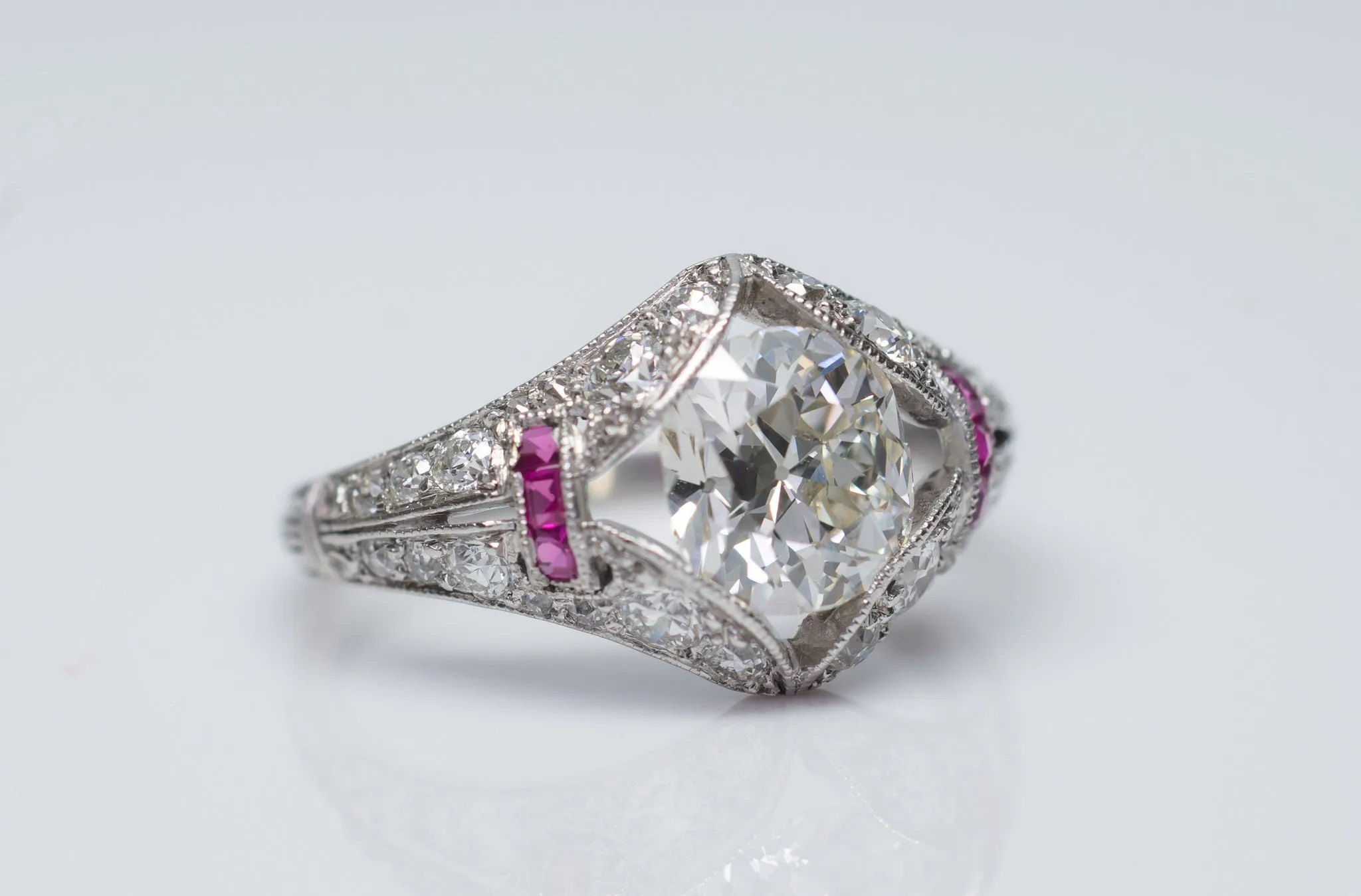 ART DECO OLD MINE CUSHION CUT DIAMOND RING IN PLATINUM