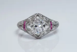 ART DECO OLD MINE CUSHION CUT DIAMOND RING IN PLATINUM