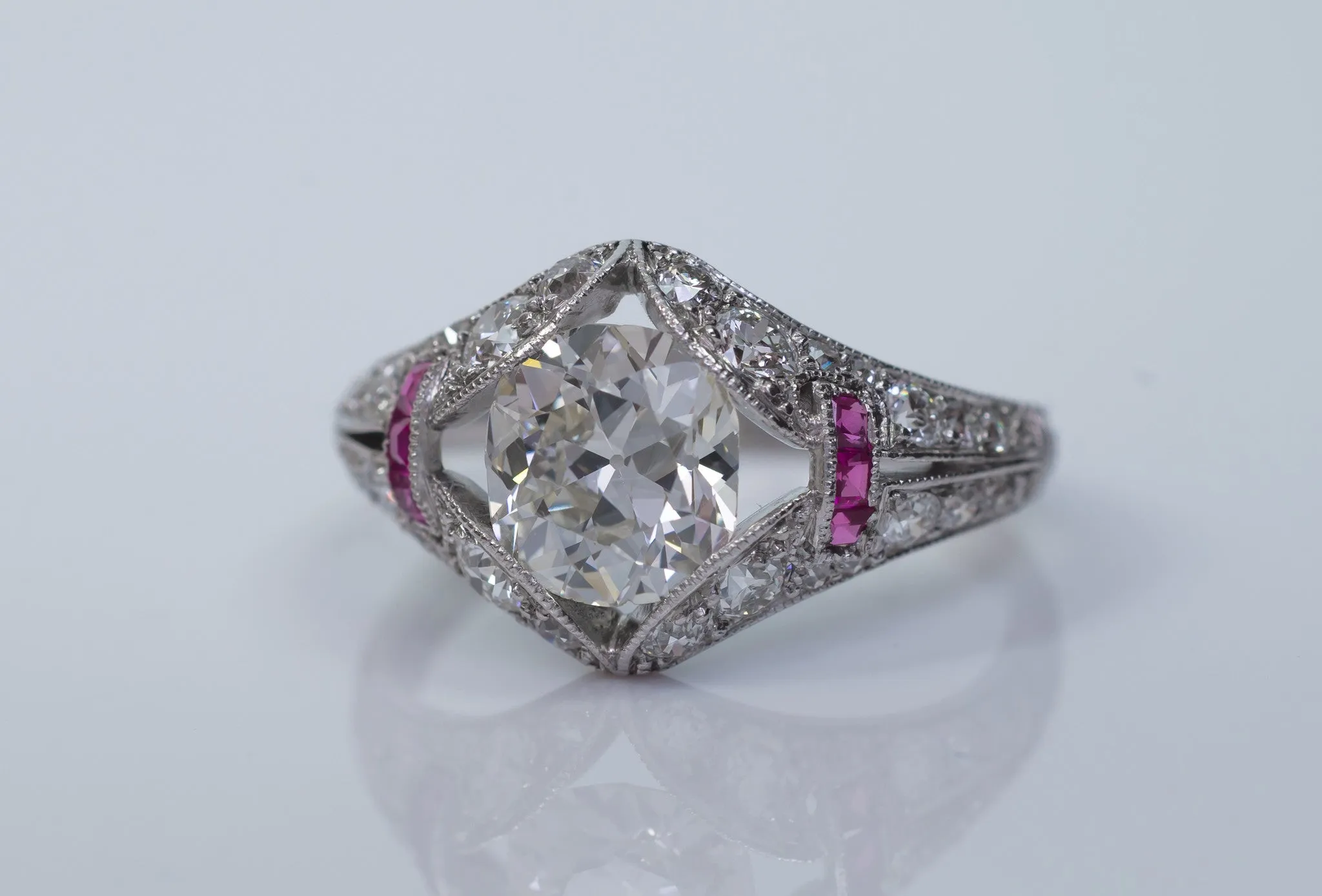 ART DECO OLD MINE CUSHION CUT DIAMOND RING IN PLATINUM