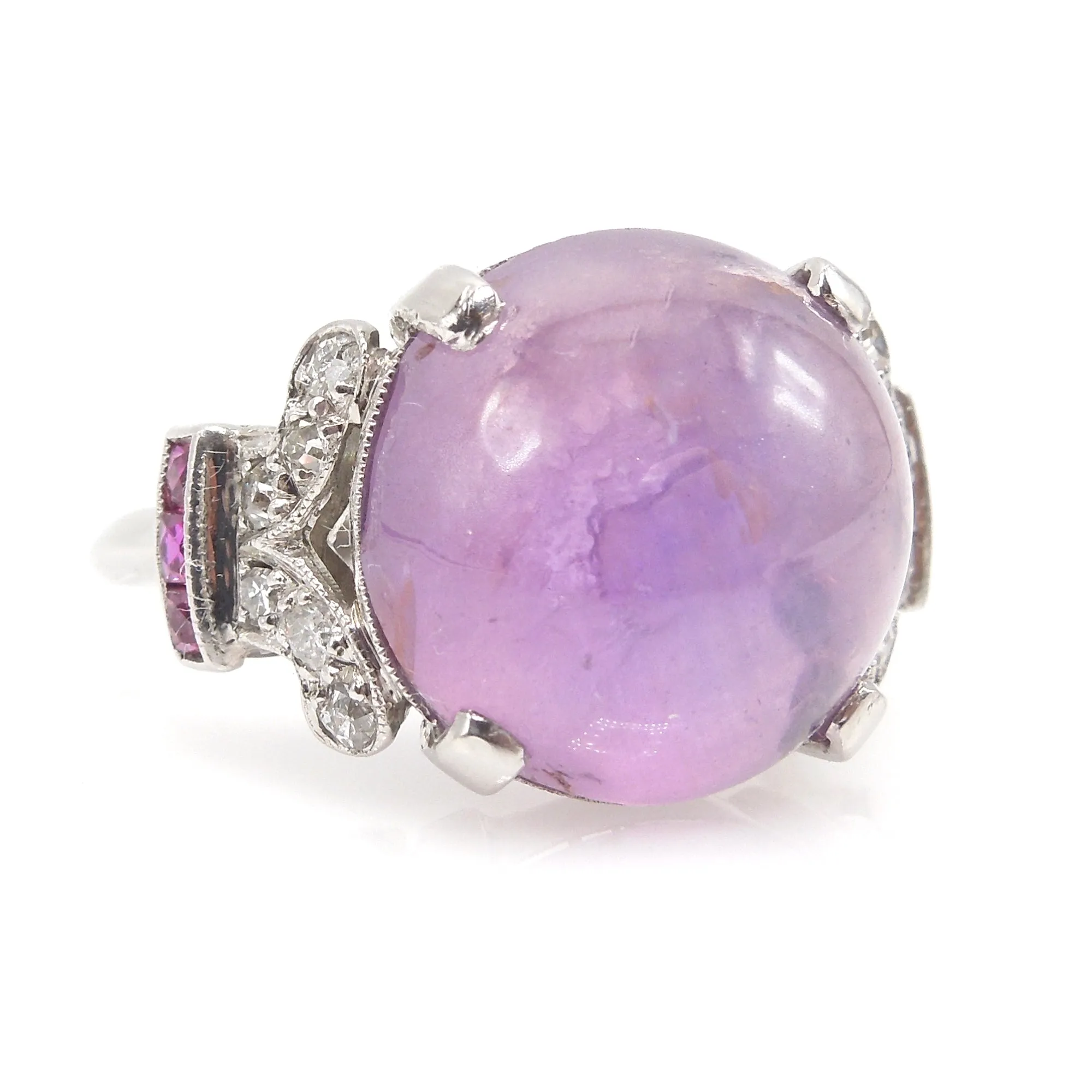 Art Deco Pink Star Sapphire, Ruby, and Diamond Ring