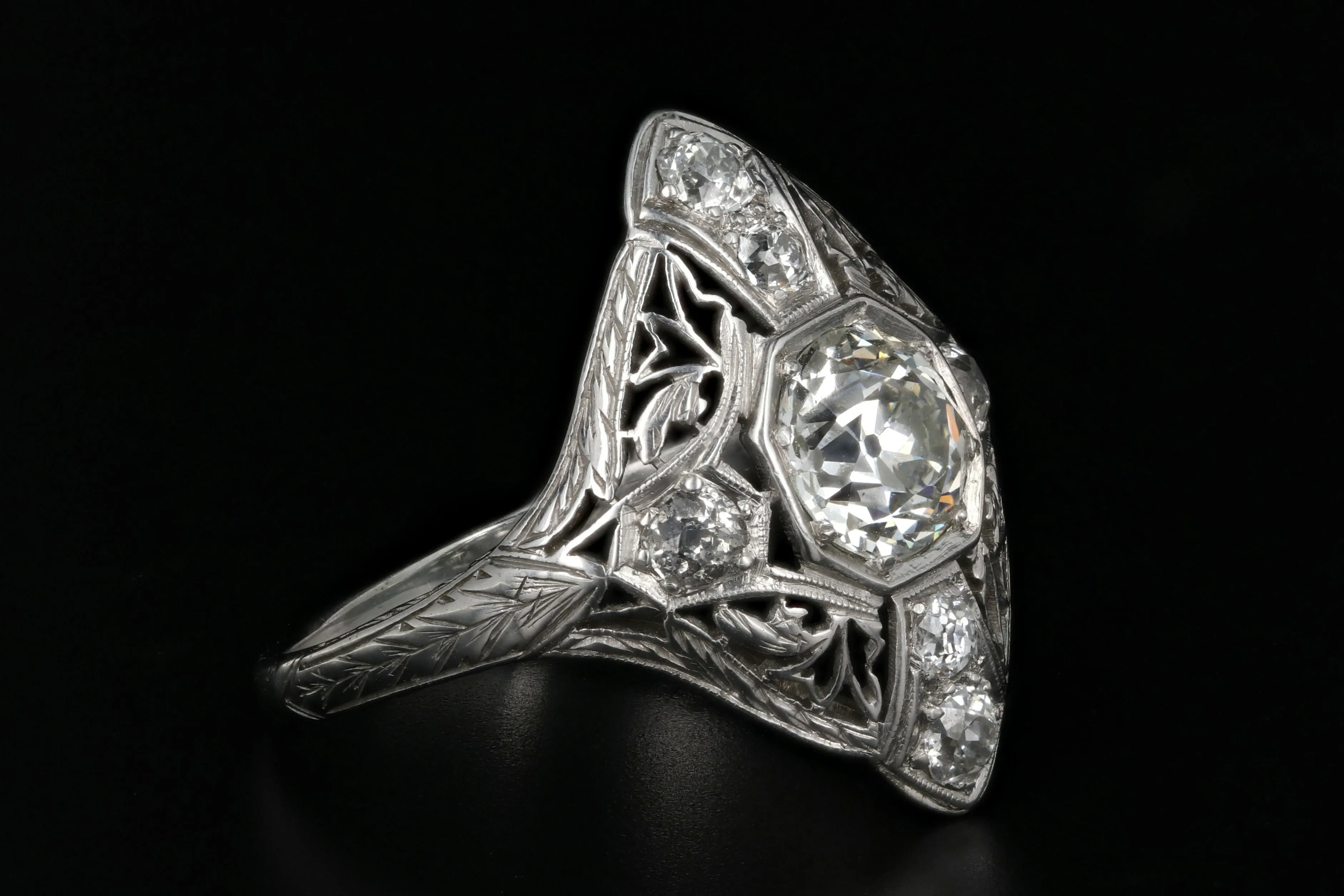 Art Deco Platinum 1.01 Carat Old Mine Cut Diamond Shield Ring