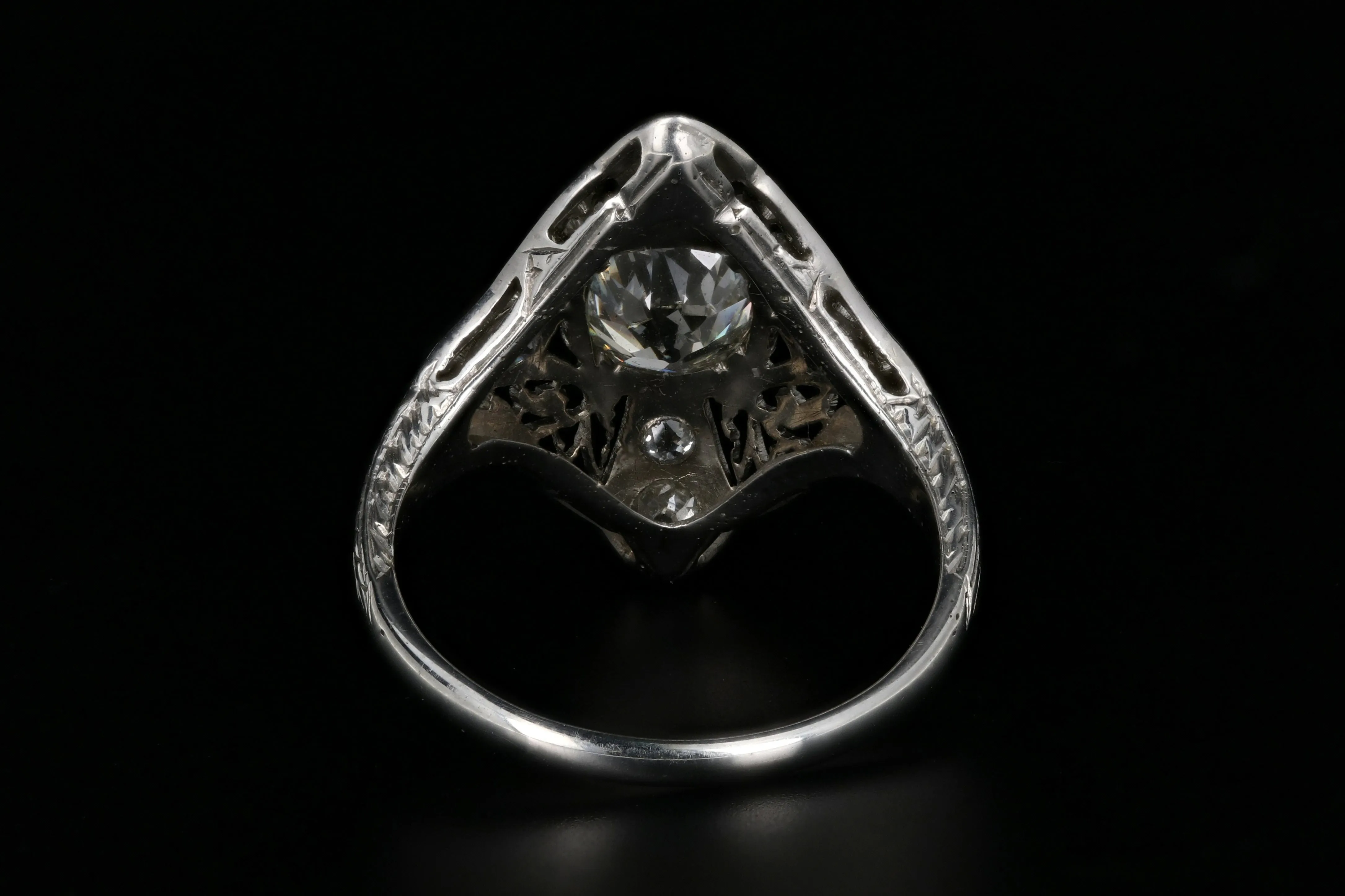 Art Deco Platinum 1.01 Carat Old Mine Cut Diamond Shield Ring