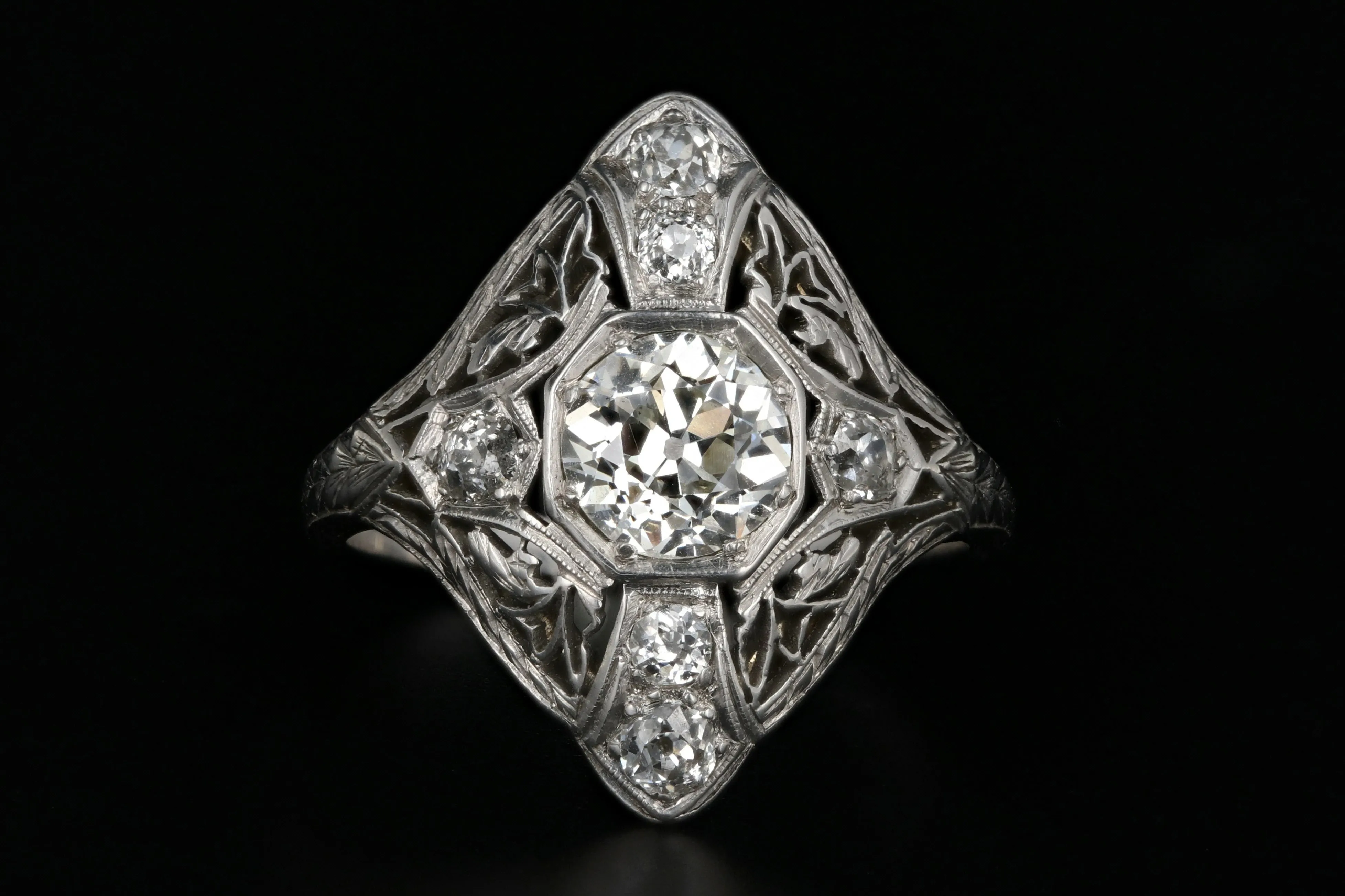 Art Deco Platinum 1.01 Carat Old Mine Cut Diamond Shield Ring