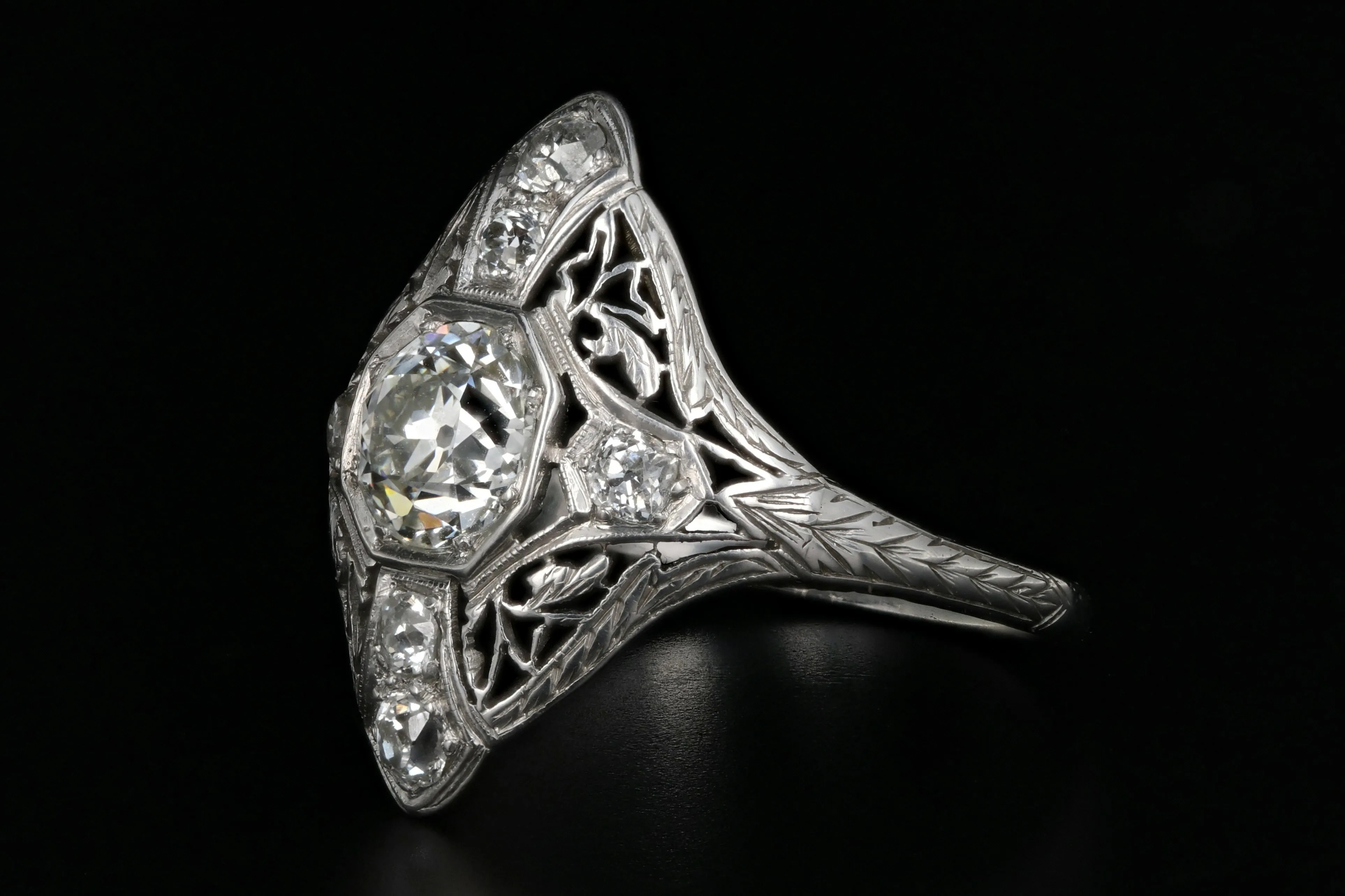 Art Deco Platinum 1.01 Carat Old Mine Cut Diamond Shield Ring