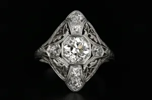 Art Deco Platinum 1.01 Carat Old Mine Cut Diamond Shield Ring