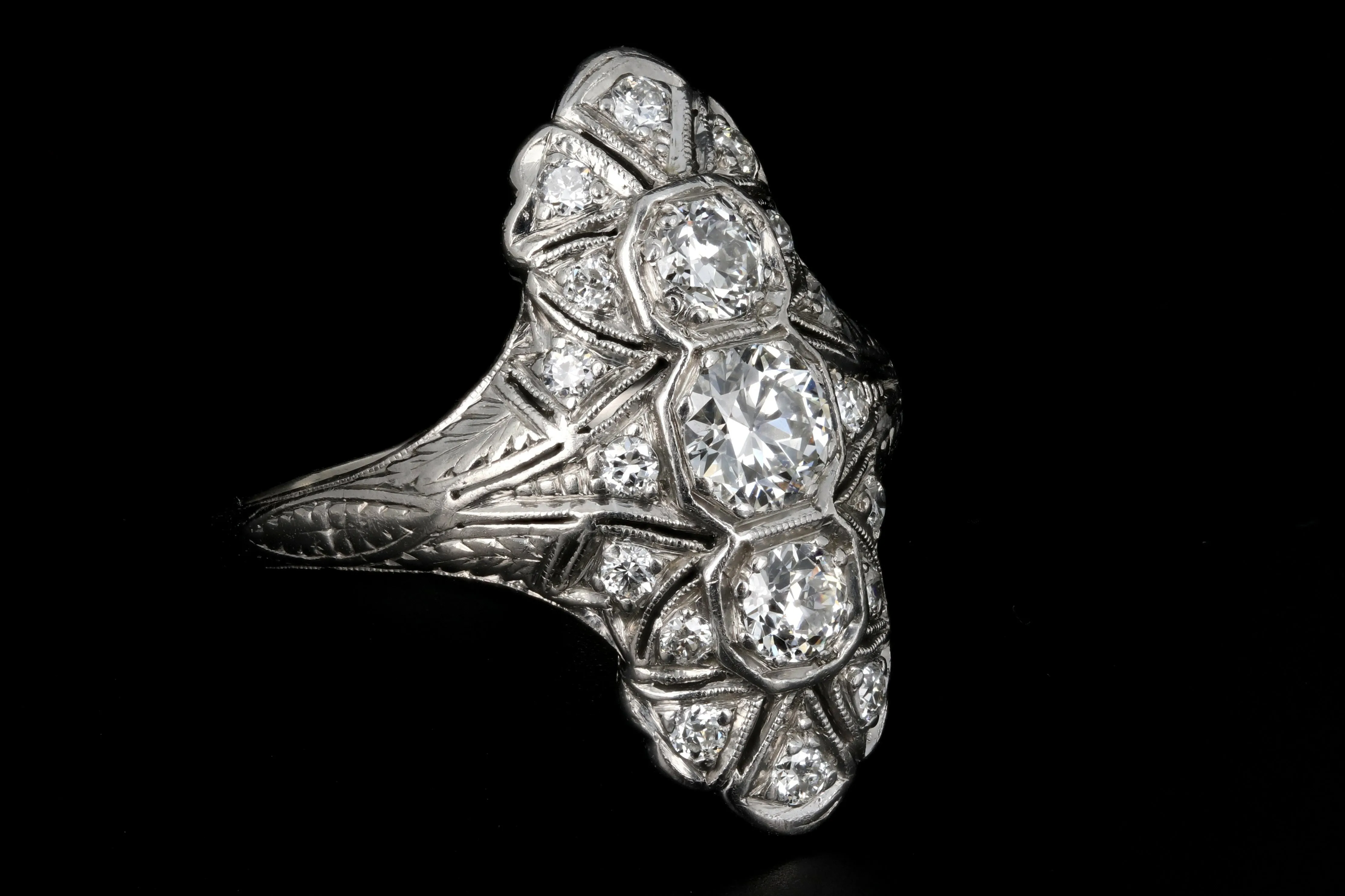 Art Deco Platinum 1.22 Carat Diamond Weight Total Shield Ring