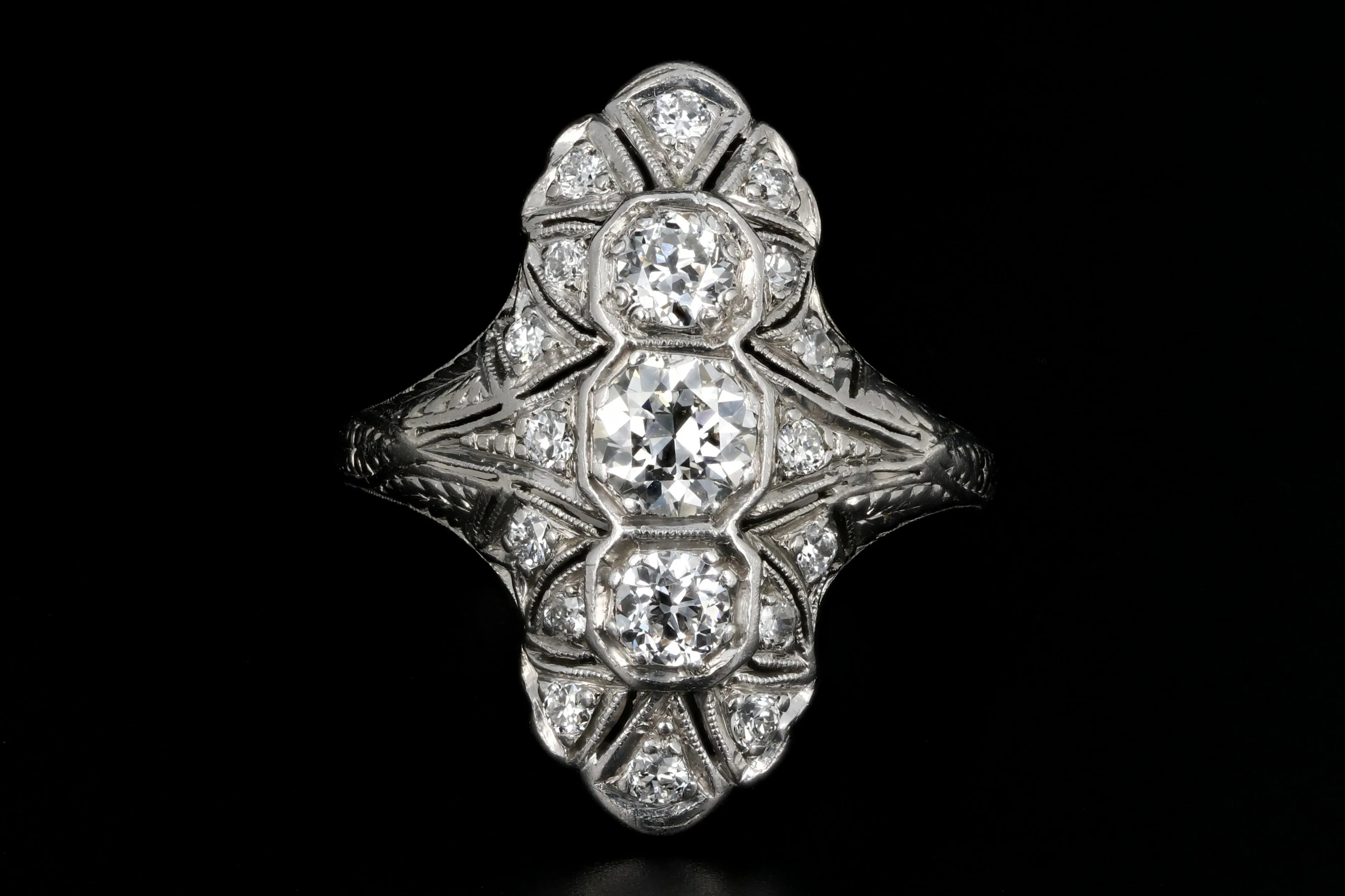 Art Deco Platinum 1.22 Carat Diamond Weight Total Shield Ring