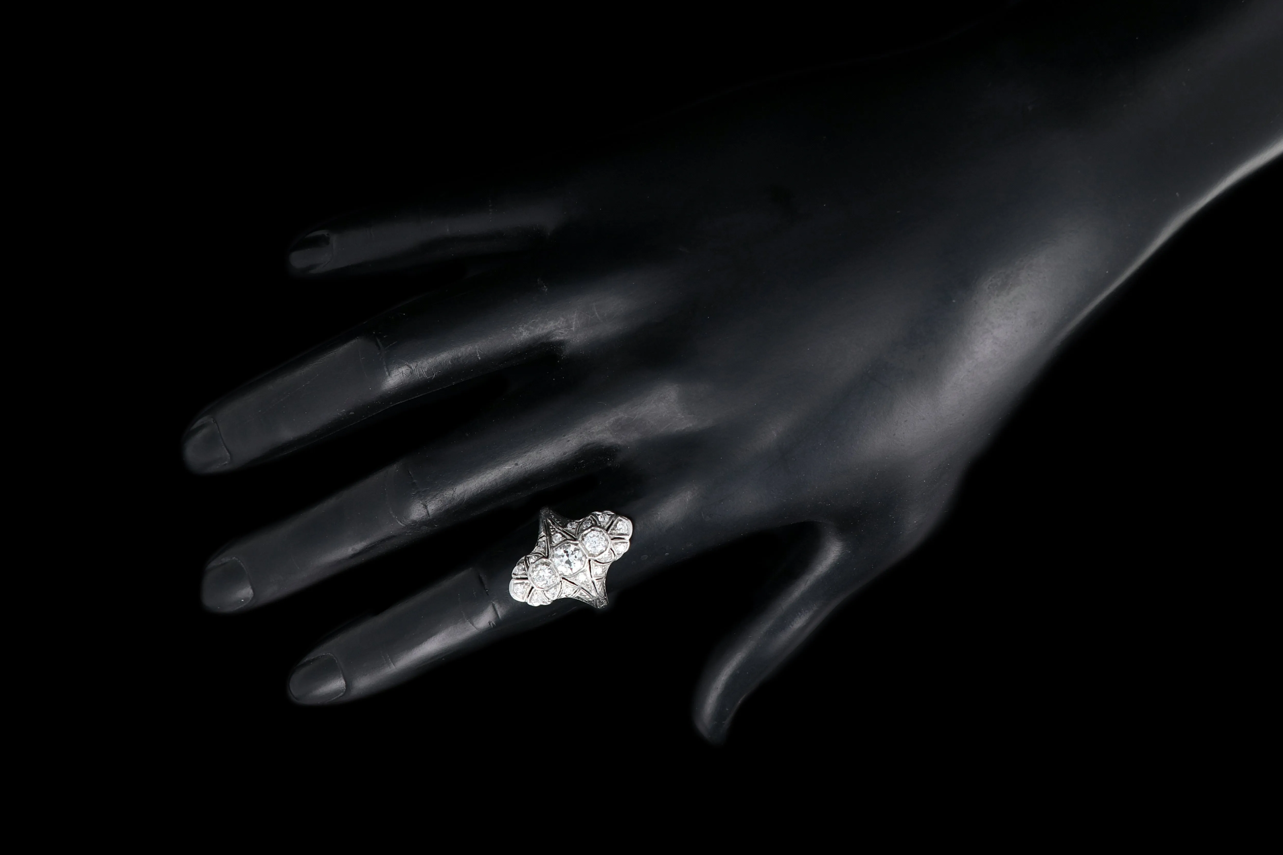 Art Deco Platinum 1.22 Carat Diamond Weight Total Shield Ring