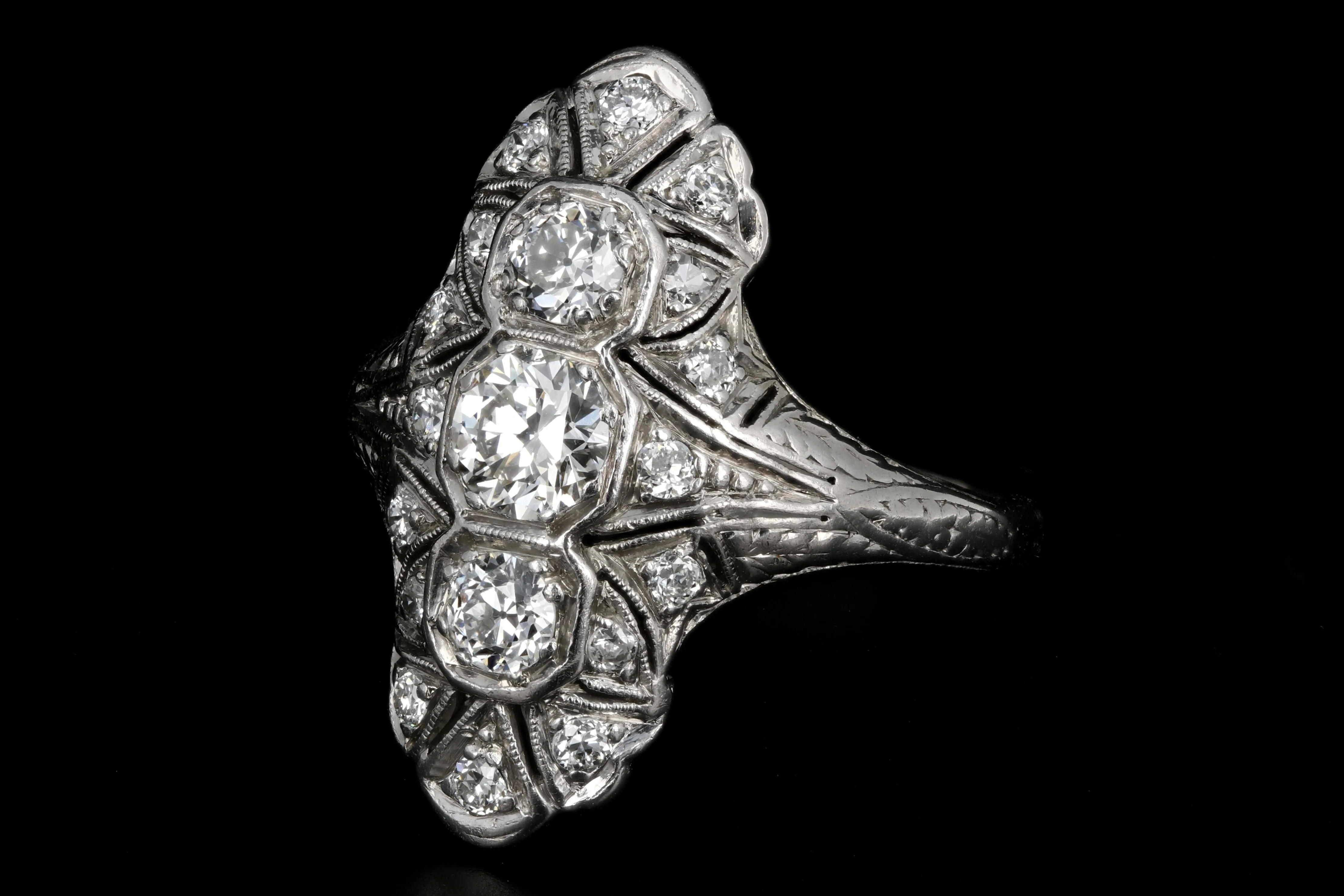 Art Deco Platinum 1.22 Carat Diamond Weight Total Shield Ring