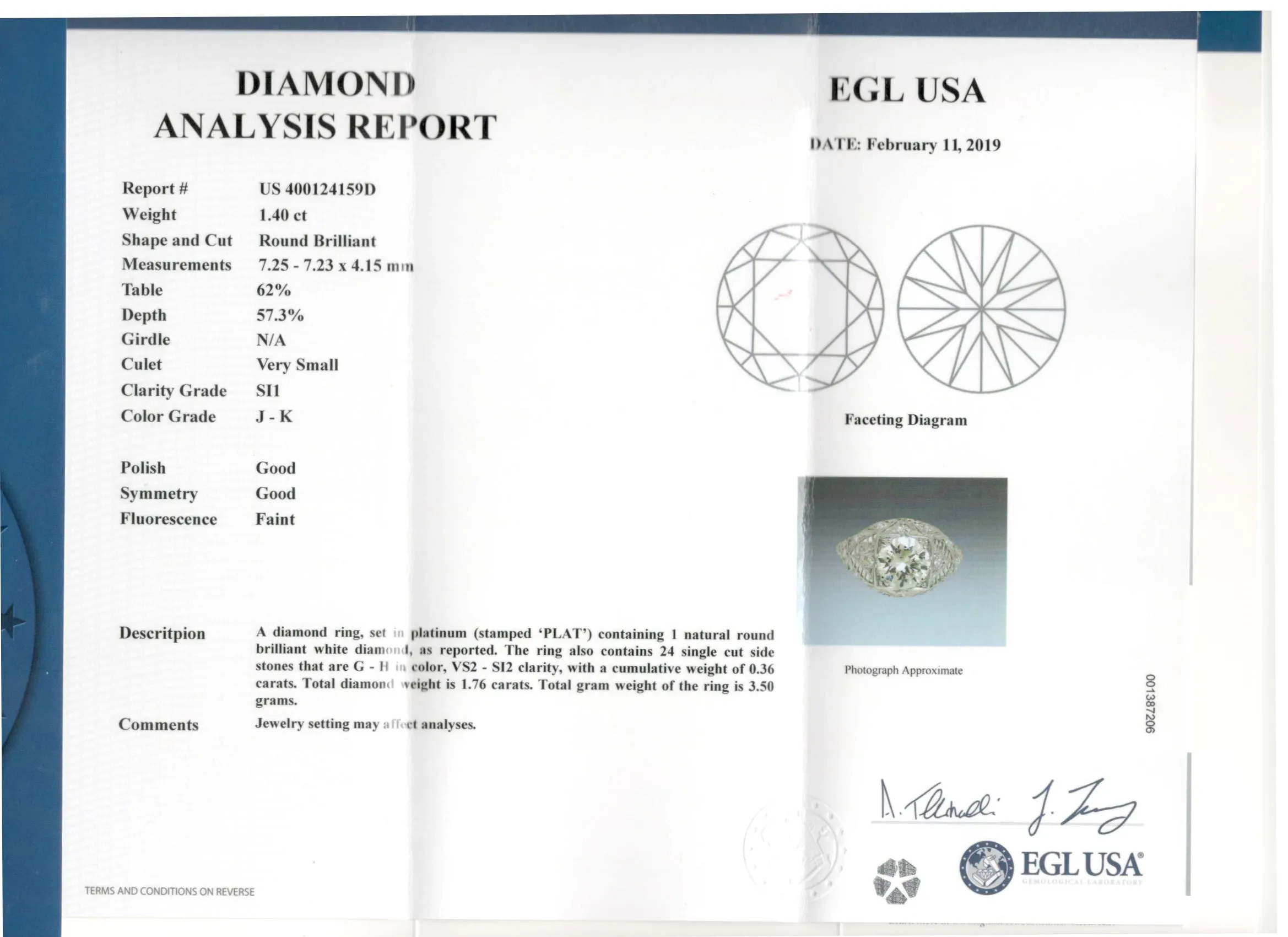 Art Deco Platinum 1.4 Carat Round Brilliant Cut Diamond Engagement Ring