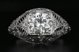 Art Deco Platinum 1.4 Carat Round Brilliant Cut Diamond Engagement Ring