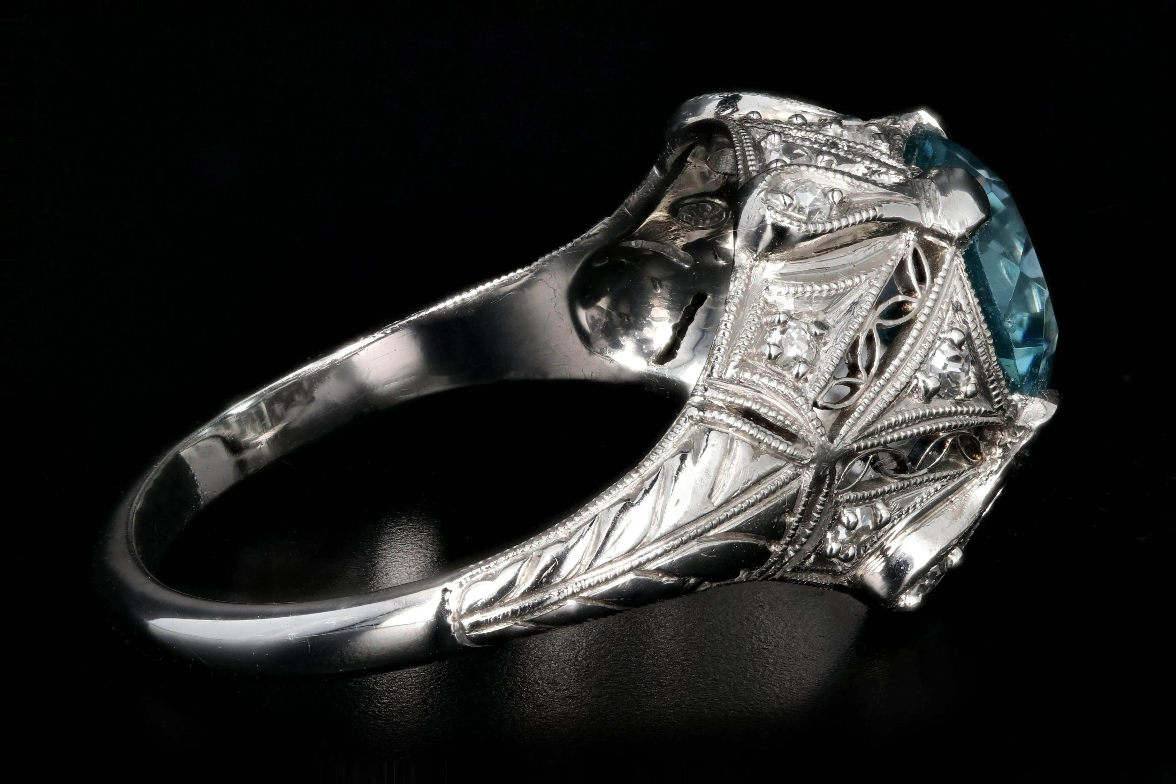 Art Deco Platinum 2.1CT Blue Zircon and Diamond Ring