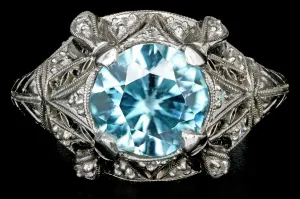 Art Deco Platinum 2.1CT Blue Zircon and Diamond Ring