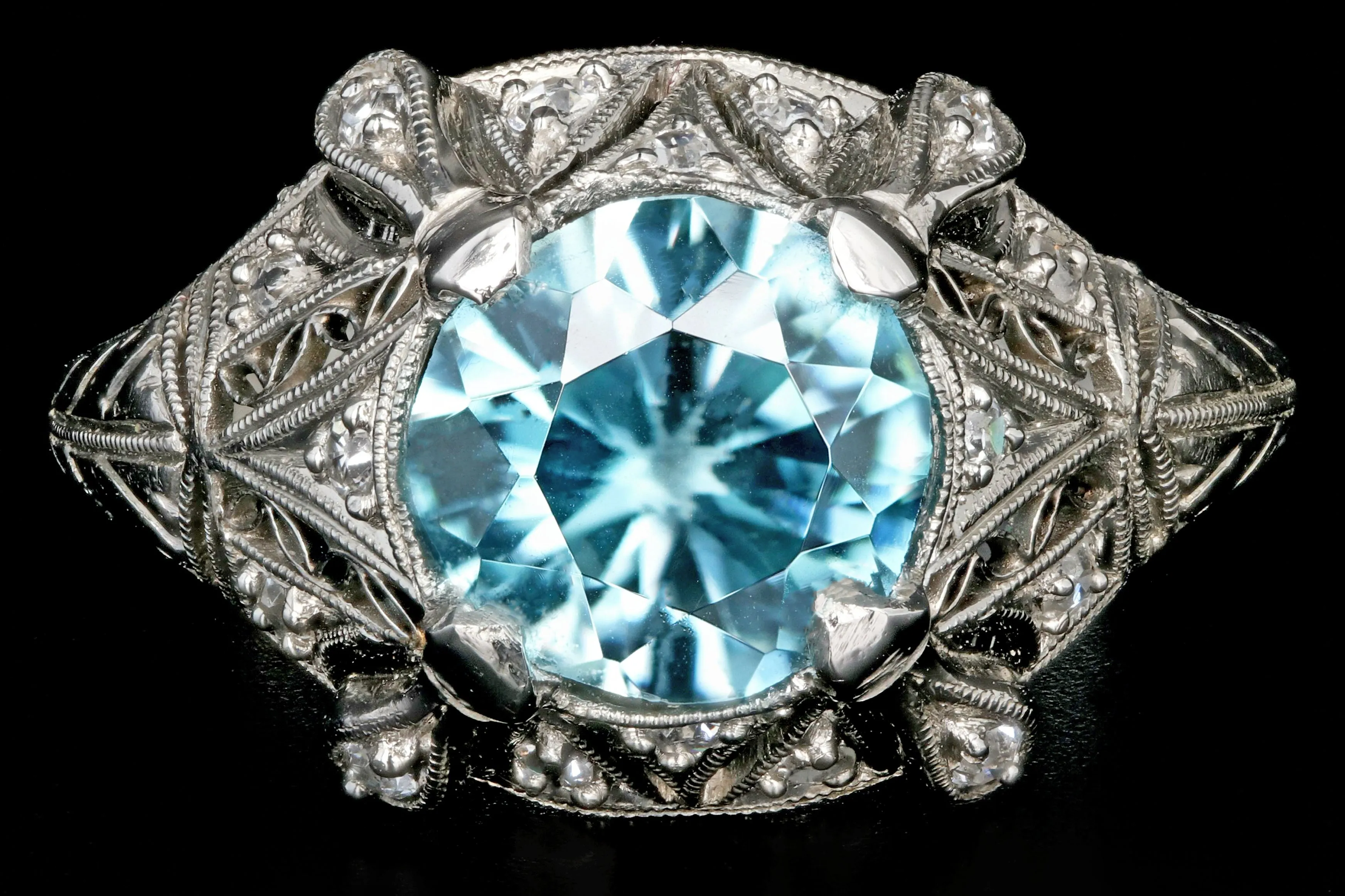Art Deco Platinum 2.1CT Blue Zircon and Diamond Ring