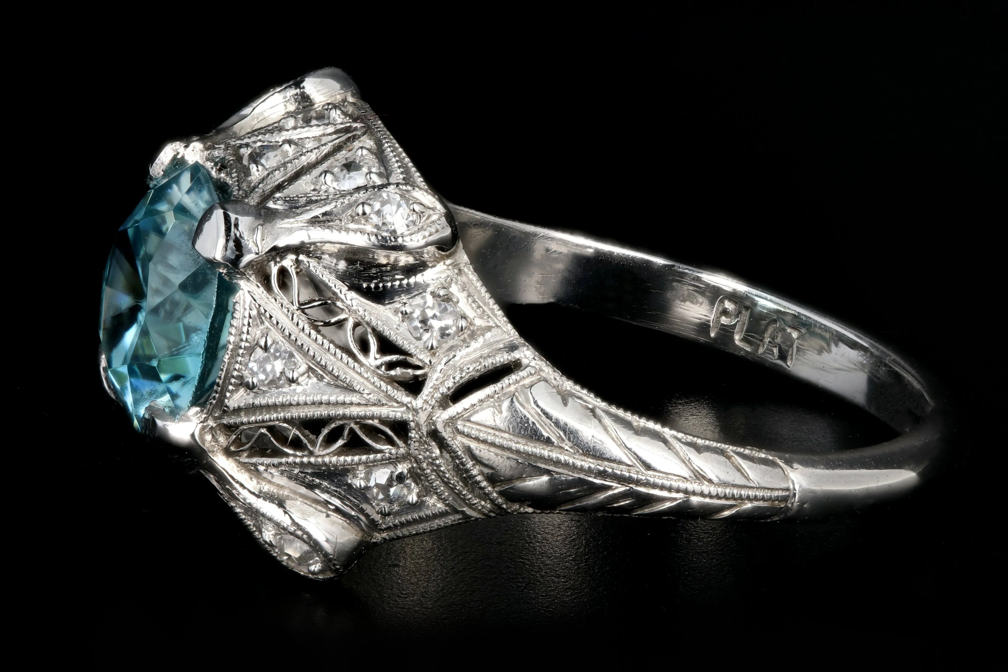 Art Deco Platinum 2.1CT Blue Zircon and Diamond Ring