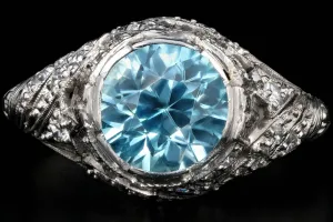 Art Deco Platinum 2.63 Carat Blue Zircon and Diamond Ring