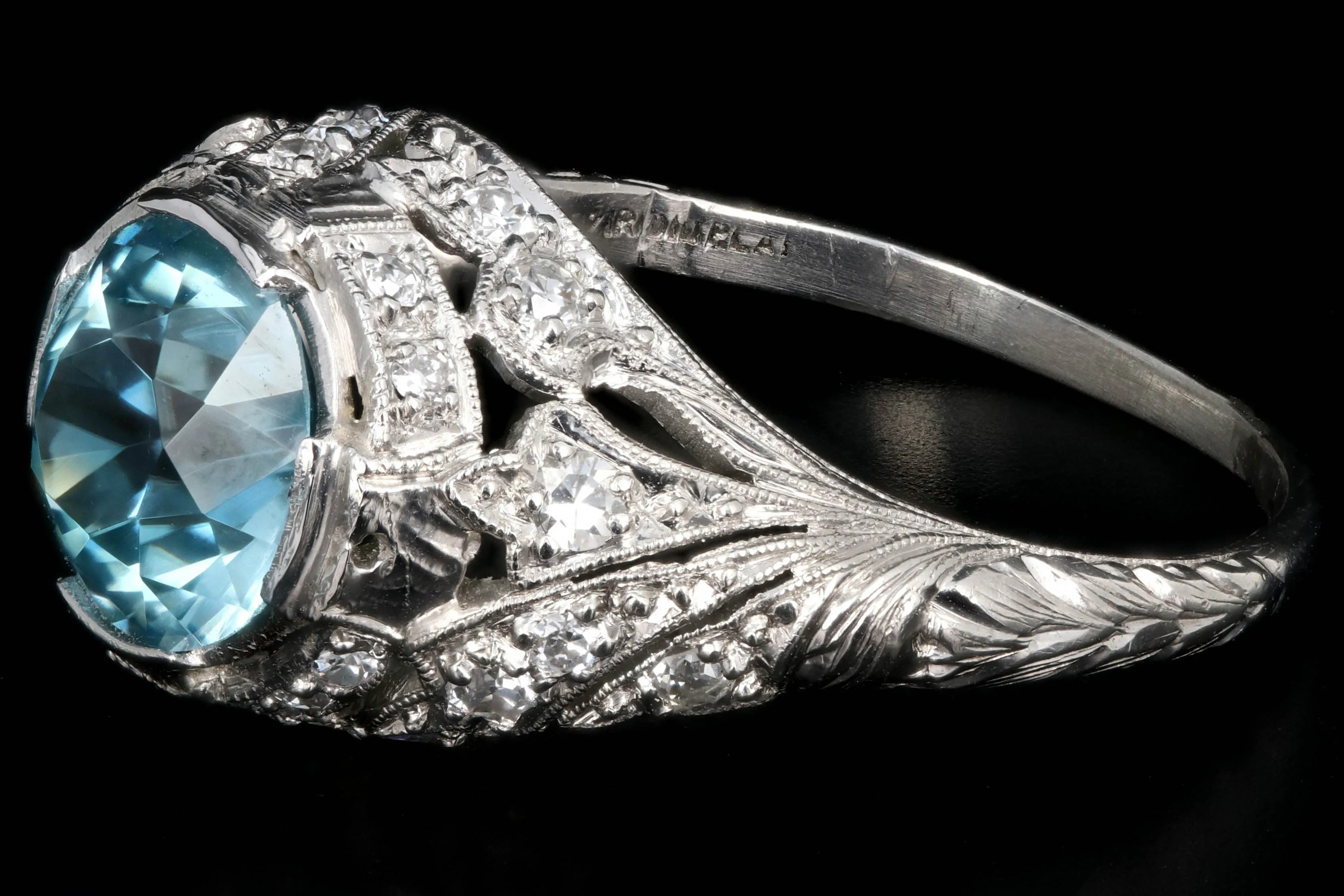 Art Deco Platinum 2.63 Carat Blue Zircon and Diamond Ring