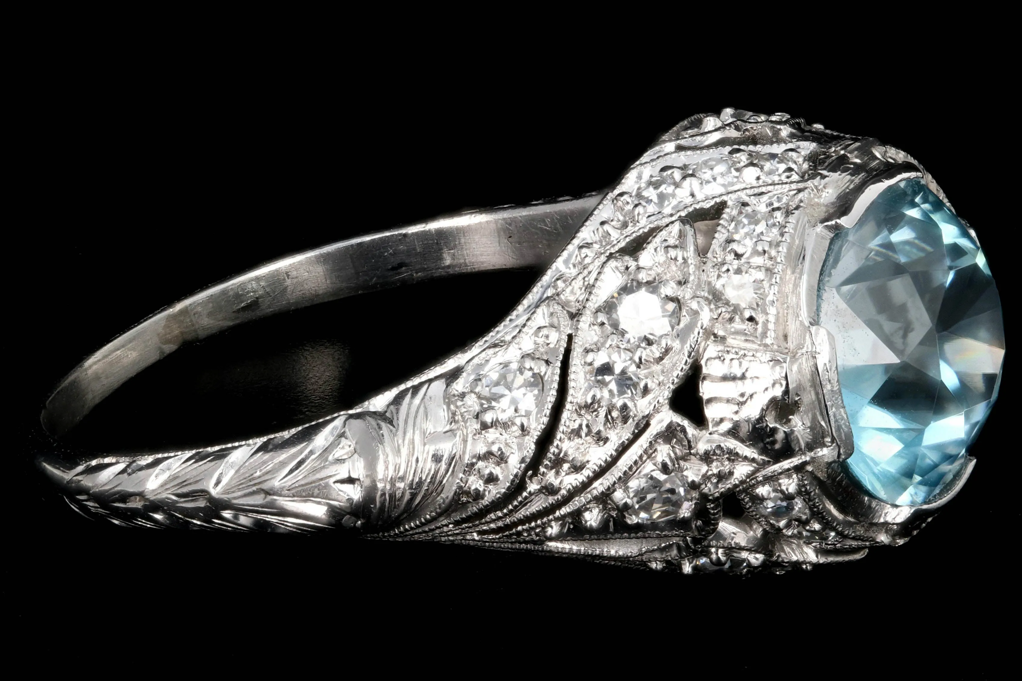 Art Deco Platinum 2.63 Carat Blue Zircon and Diamond Ring