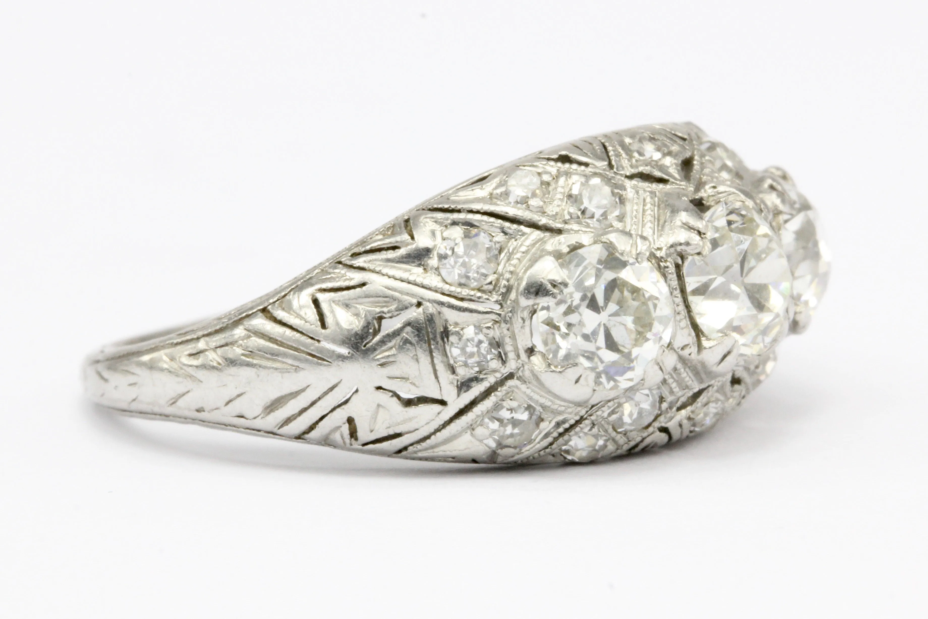 Art Deco Platinum 3 Stone Old European Cut Diamond Ring Size 6.25