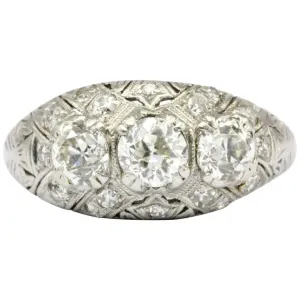 Art Deco Platinum 3 Stone Old European Cut Diamond Ring Size 6.25