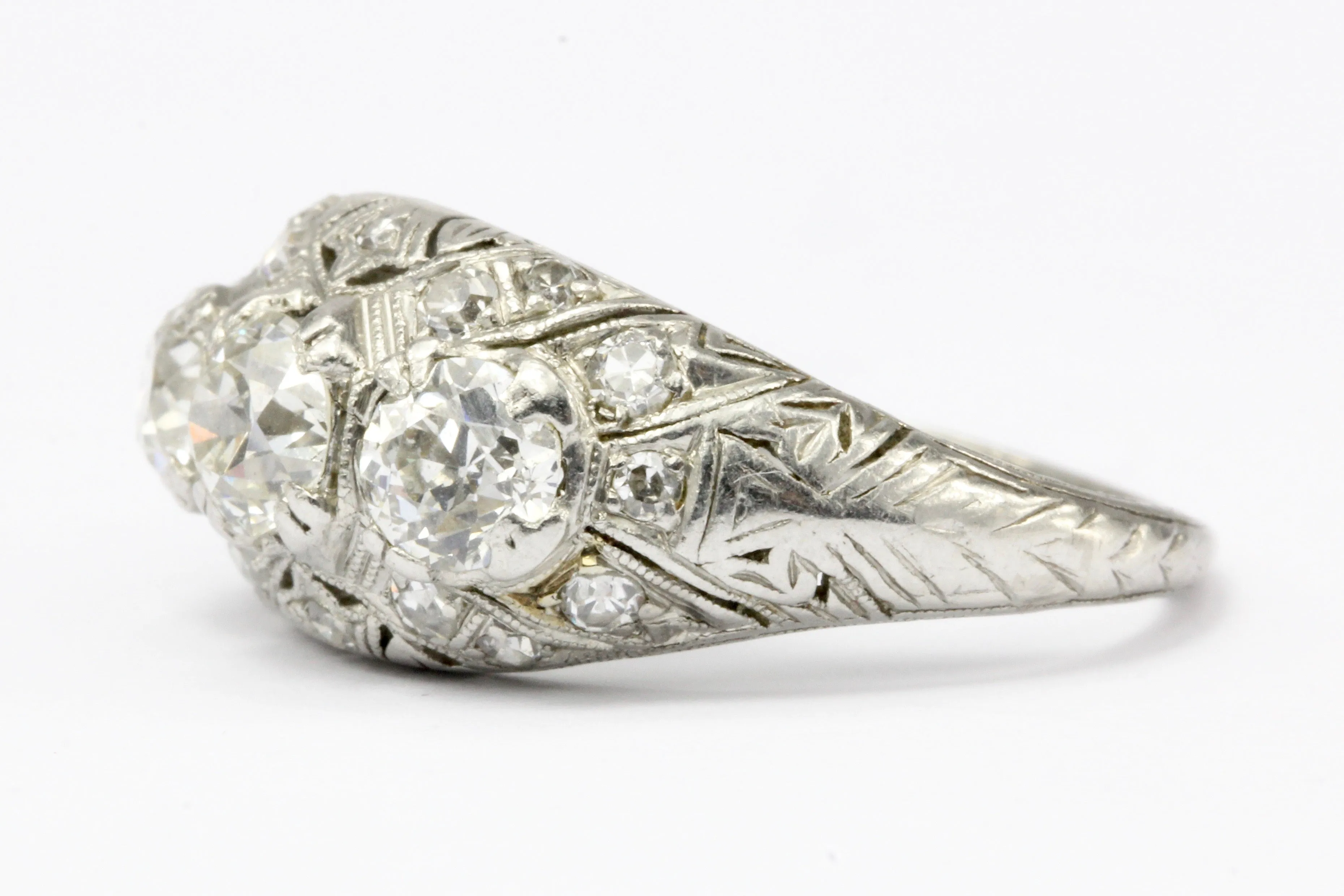 Art Deco Platinum 3 Stone Old European Cut Diamond Ring Size 6.25