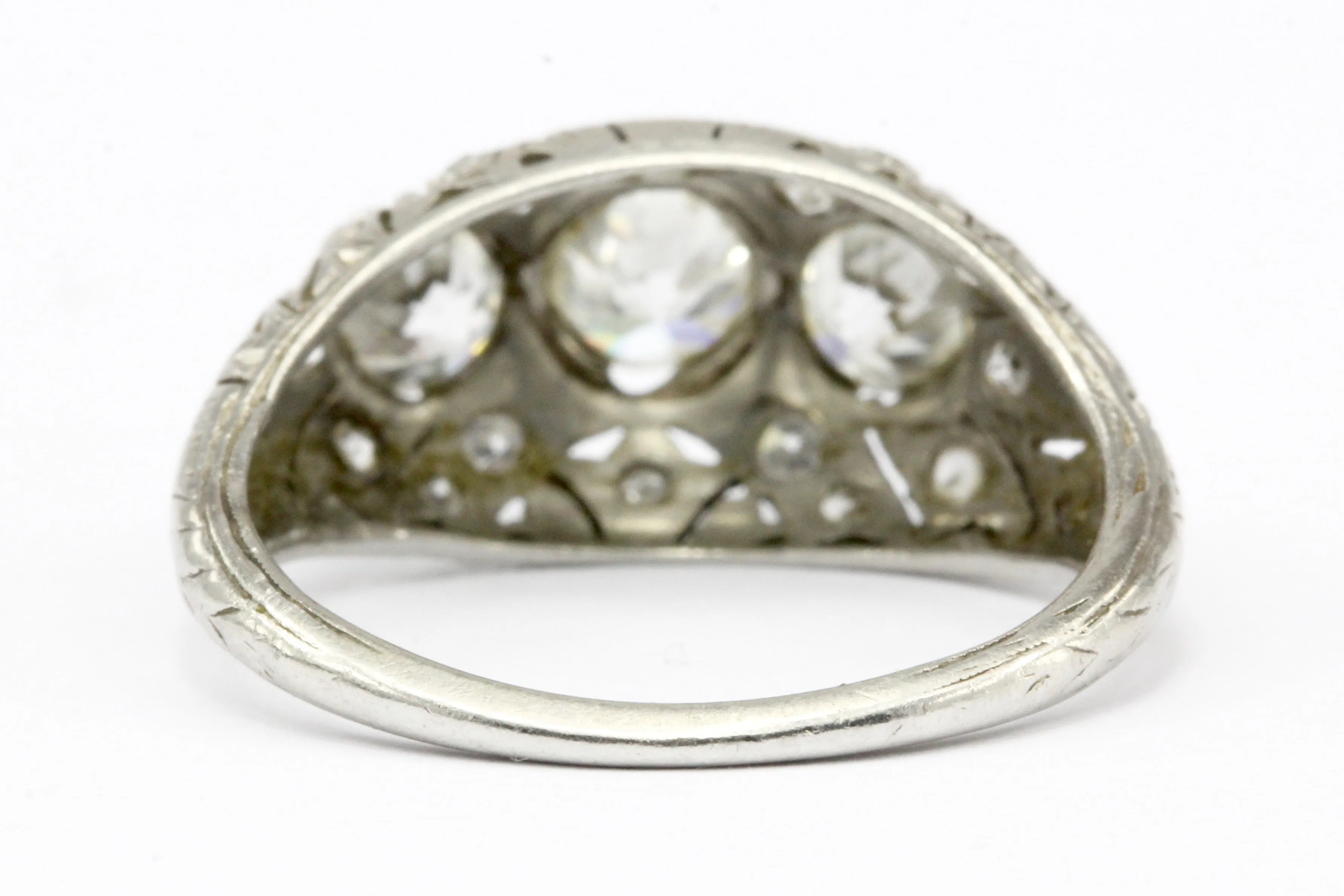 Art Deco Platinum 3 Stone Old European Cut Diamond Ring Size 6.25