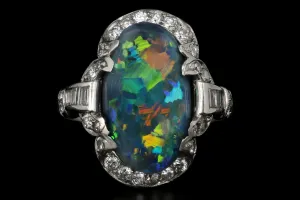 Art Deco Platinum 4CT Black Opal and Diamond Ring